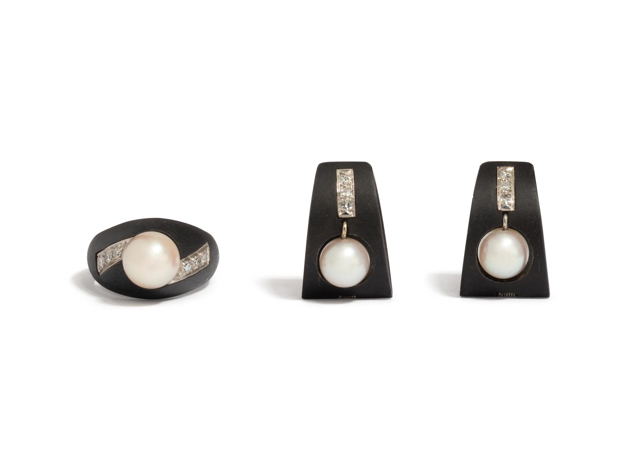 MARSH & CO., BLACKENED STEEL, CULTURED PEARL AND DIAMOND RING AND EARRINGS