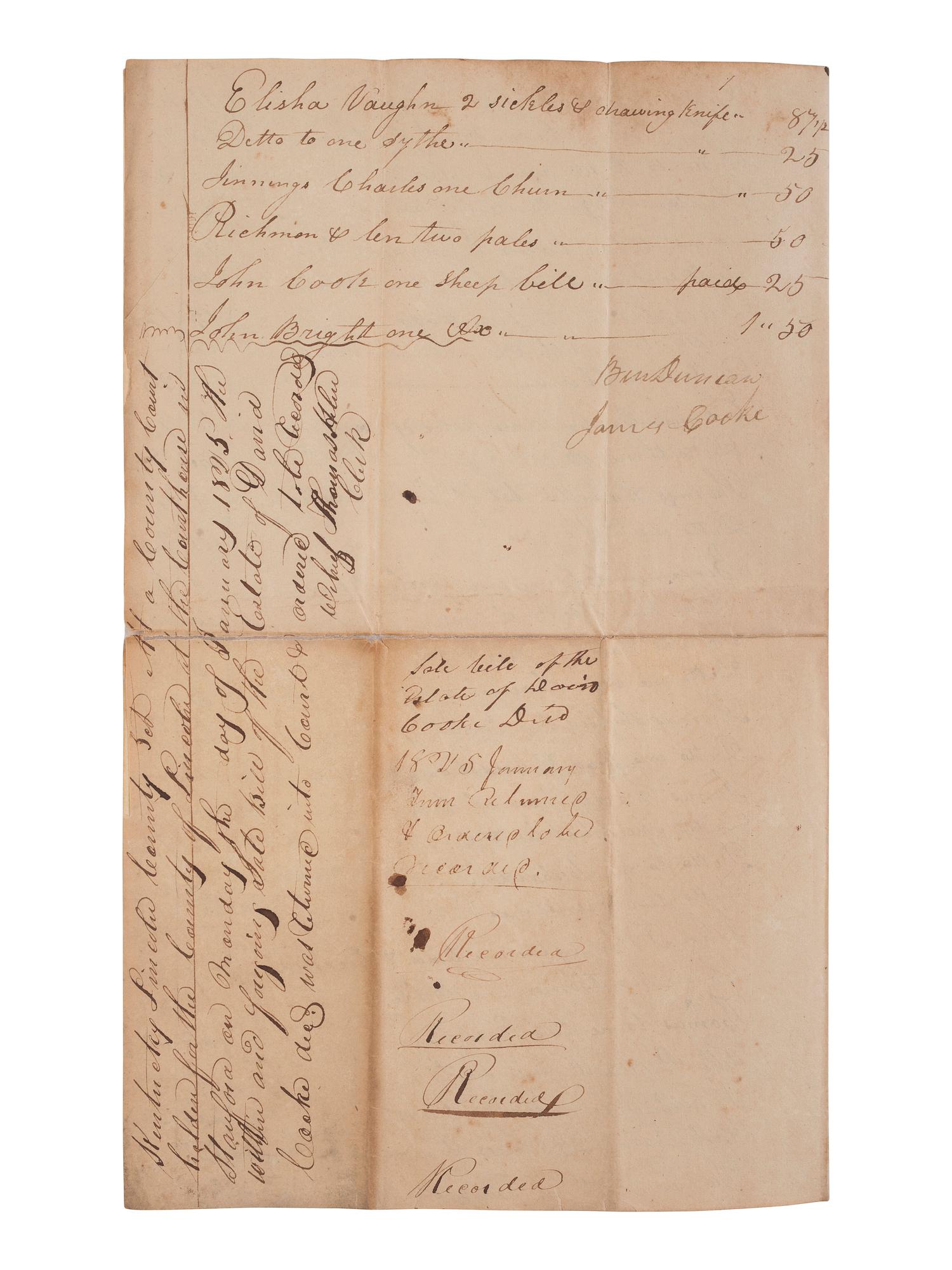 [ENSLAVEMENT & ABOLITION]. A group of 4 estate documents listing individual enslaved persons, most by name. [Lincoln County, KY], 1809-1830.