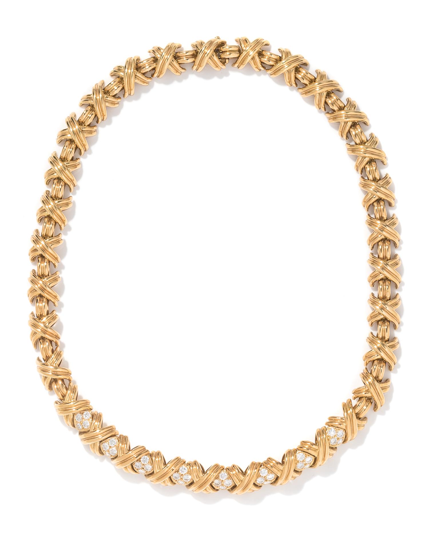 TIFFANY & CO., YELLOW GOLD AND DIAMOND 'X' COLLAR NECKLACE