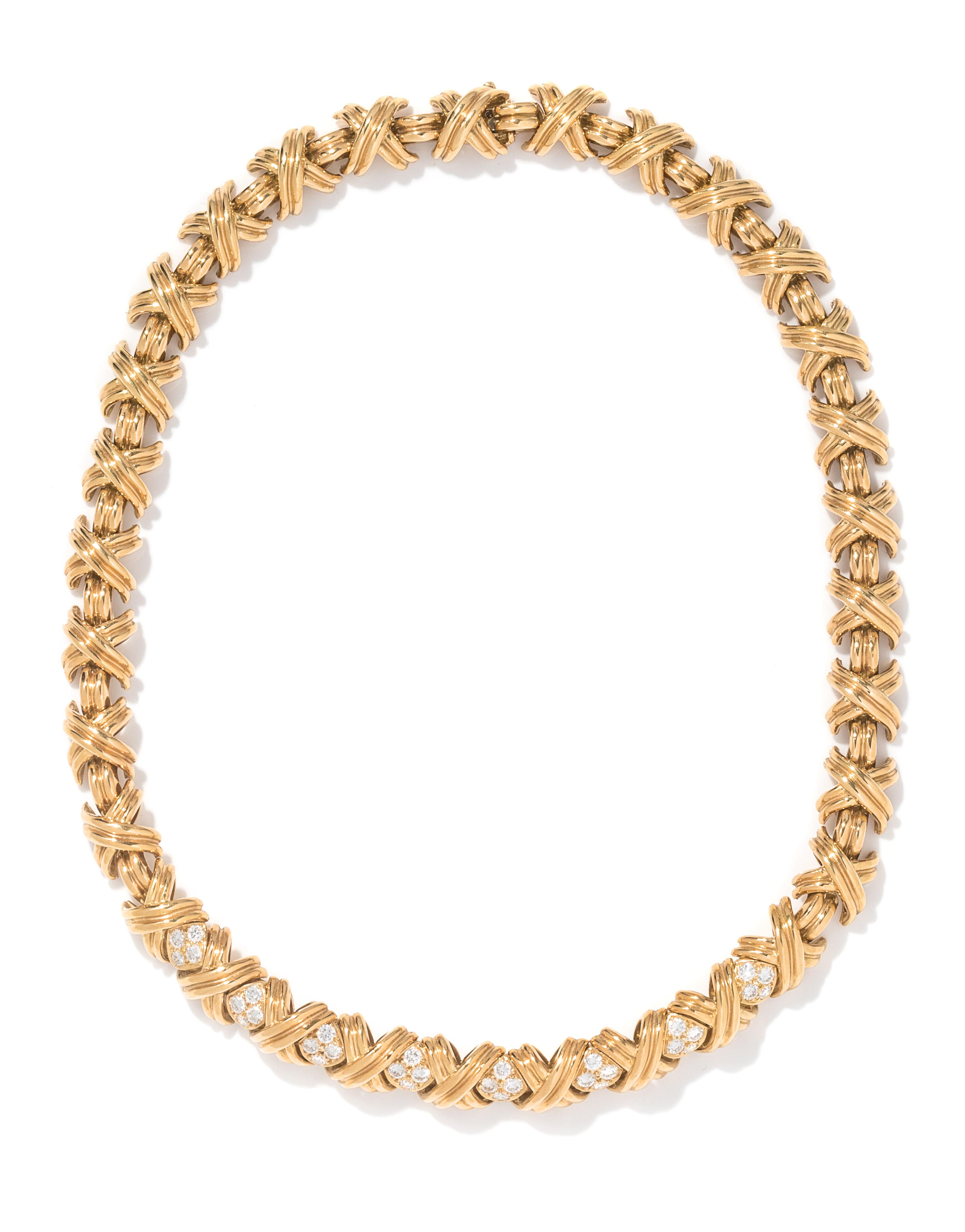 TIFFANY & CO., YELLOW GOLD AND DIAMOND 'X' COLLAR NECKLACE