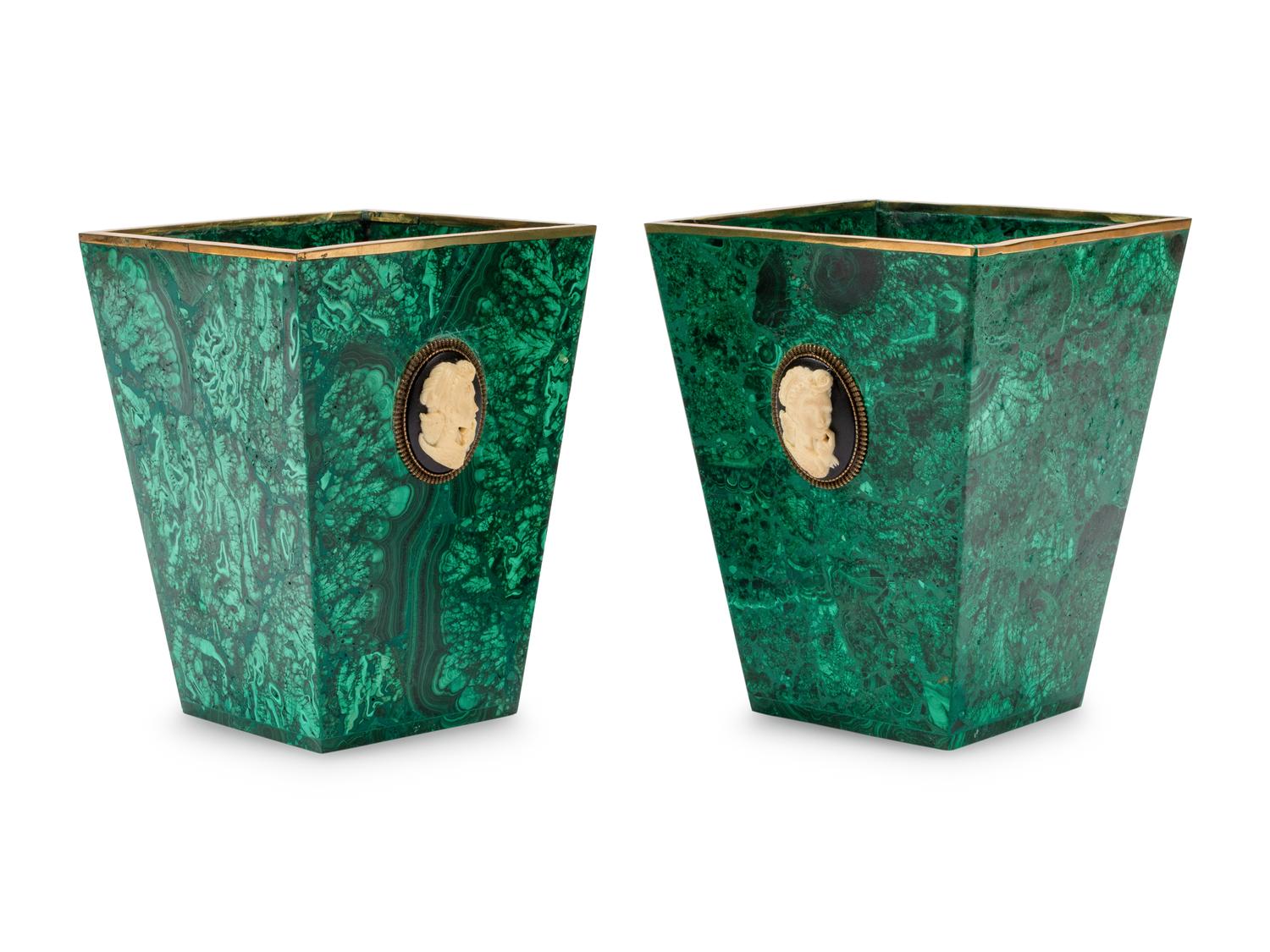 A Pair of Malachite Veneered Jardinières
