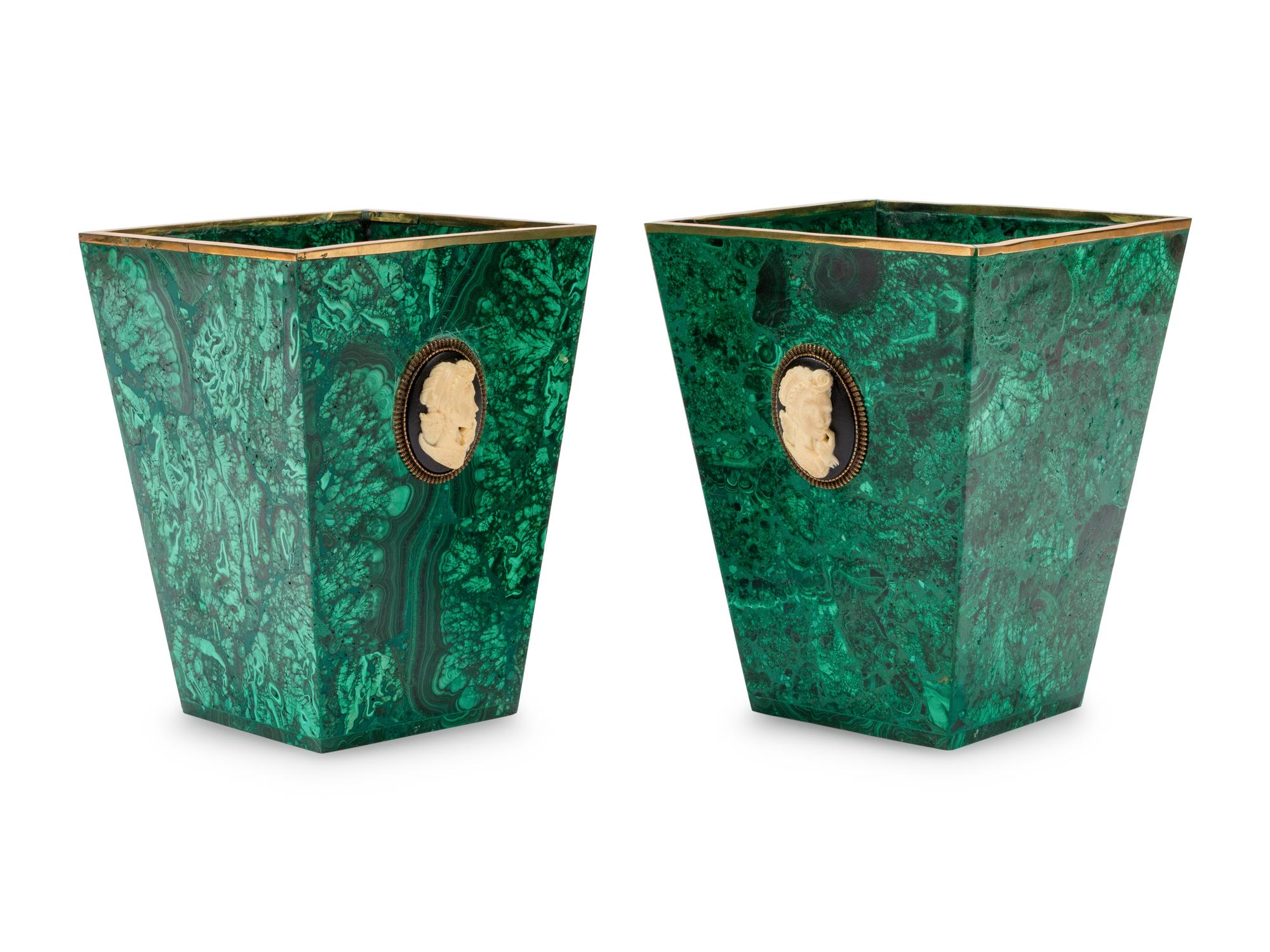 A Pair of Malachite Veneered Jardinières
