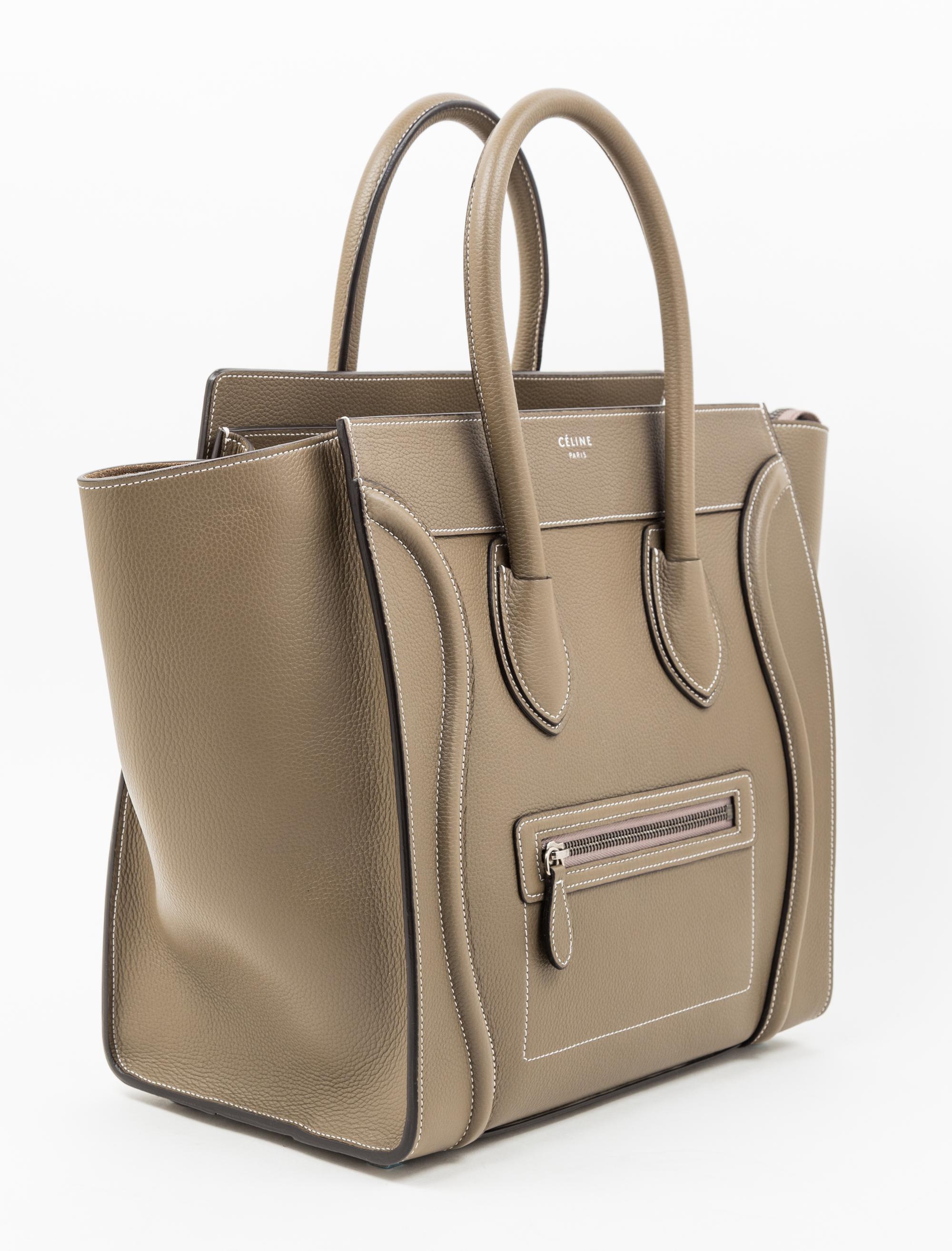 A Celine Taupe Leather Micro Luggage Tote, 12" x 12" x 7"; Handle drop: 5".