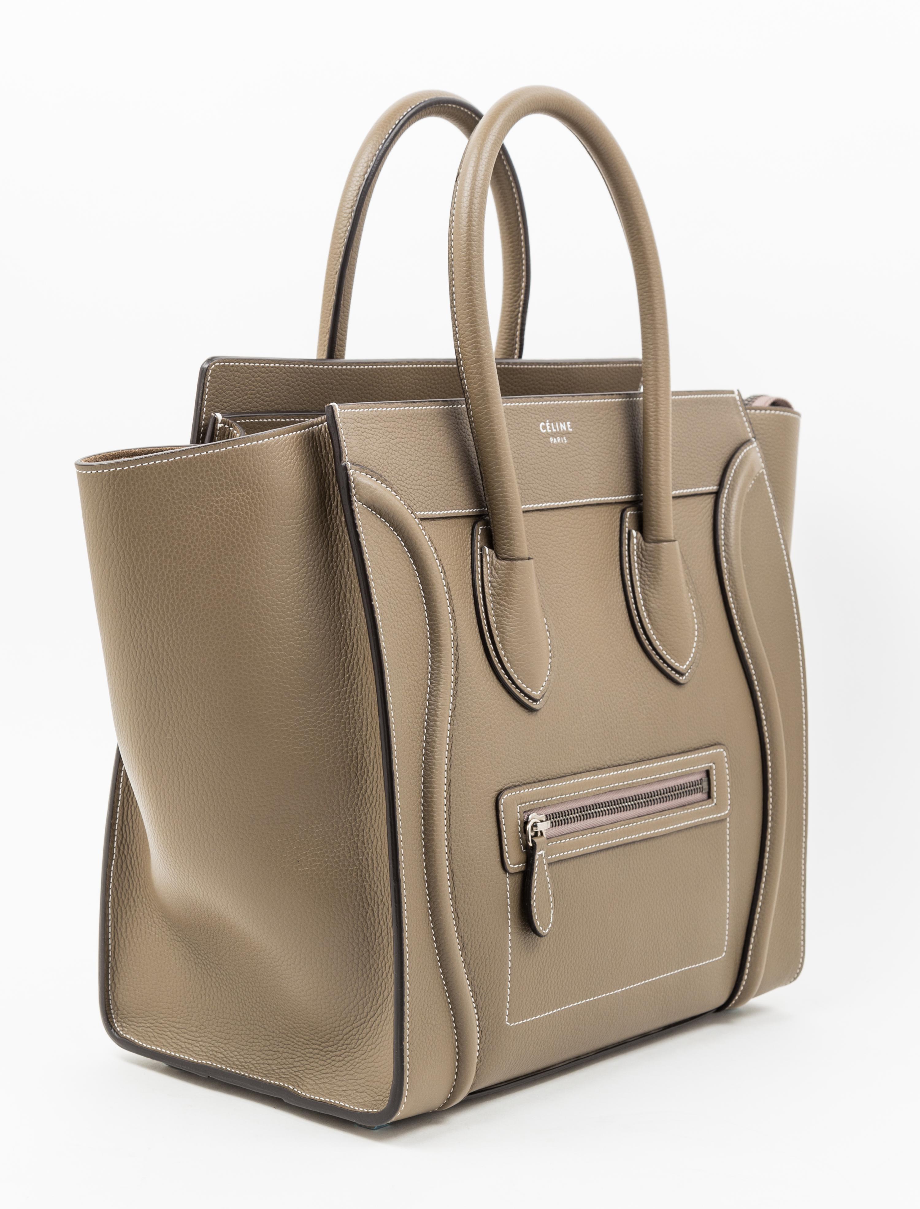 A Celine Taupe Leather Micro Luggage Tote, 12" x 12" x 7"; Handle drop: 5".