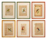 A Group of Six Persian Illuminated Manuscript Pages with Bird Illustrations