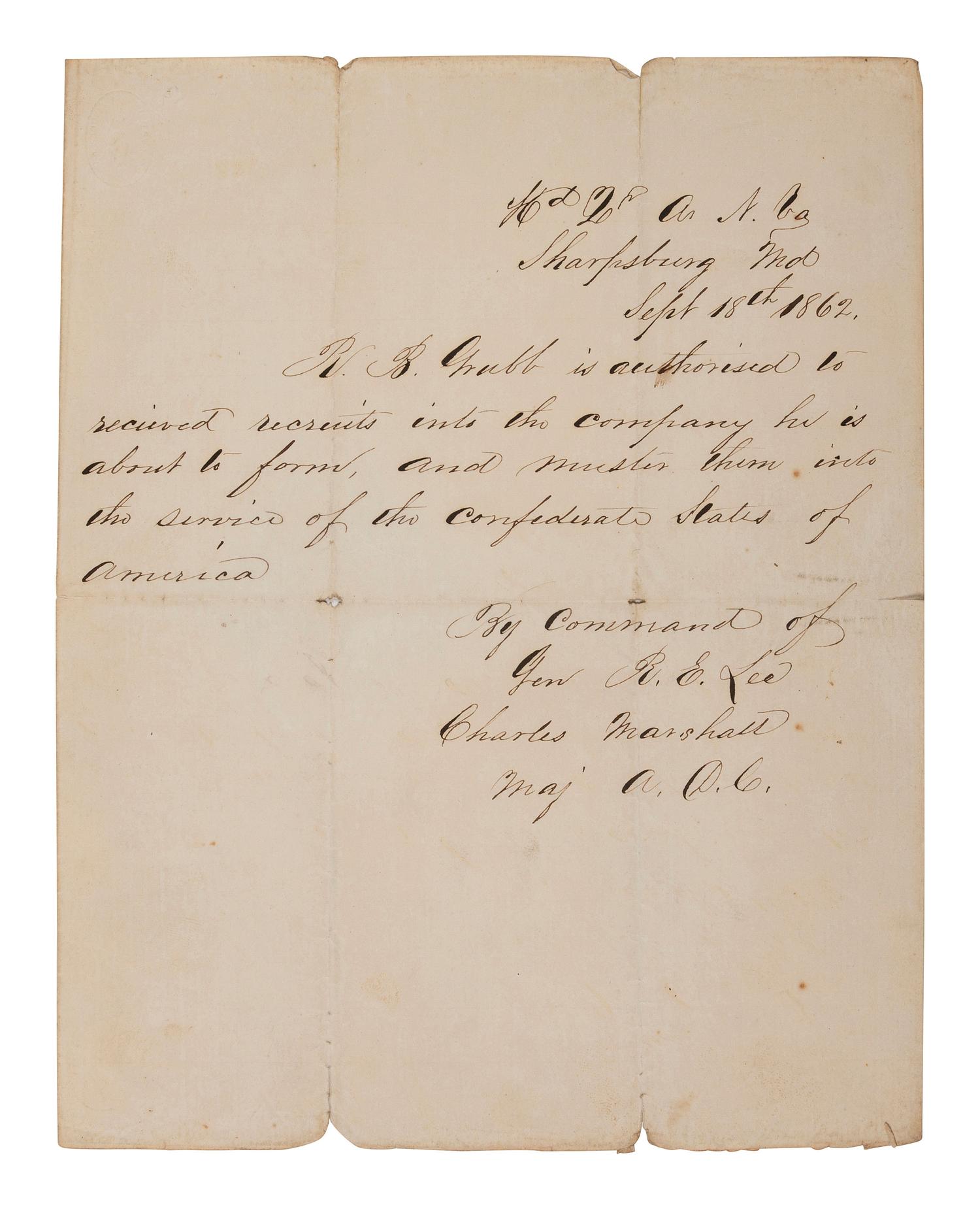 [CIVIL WAR]. Order written by Lt. Col. Charles Marshall for Robert E. Lee, from Antietam Battlefield