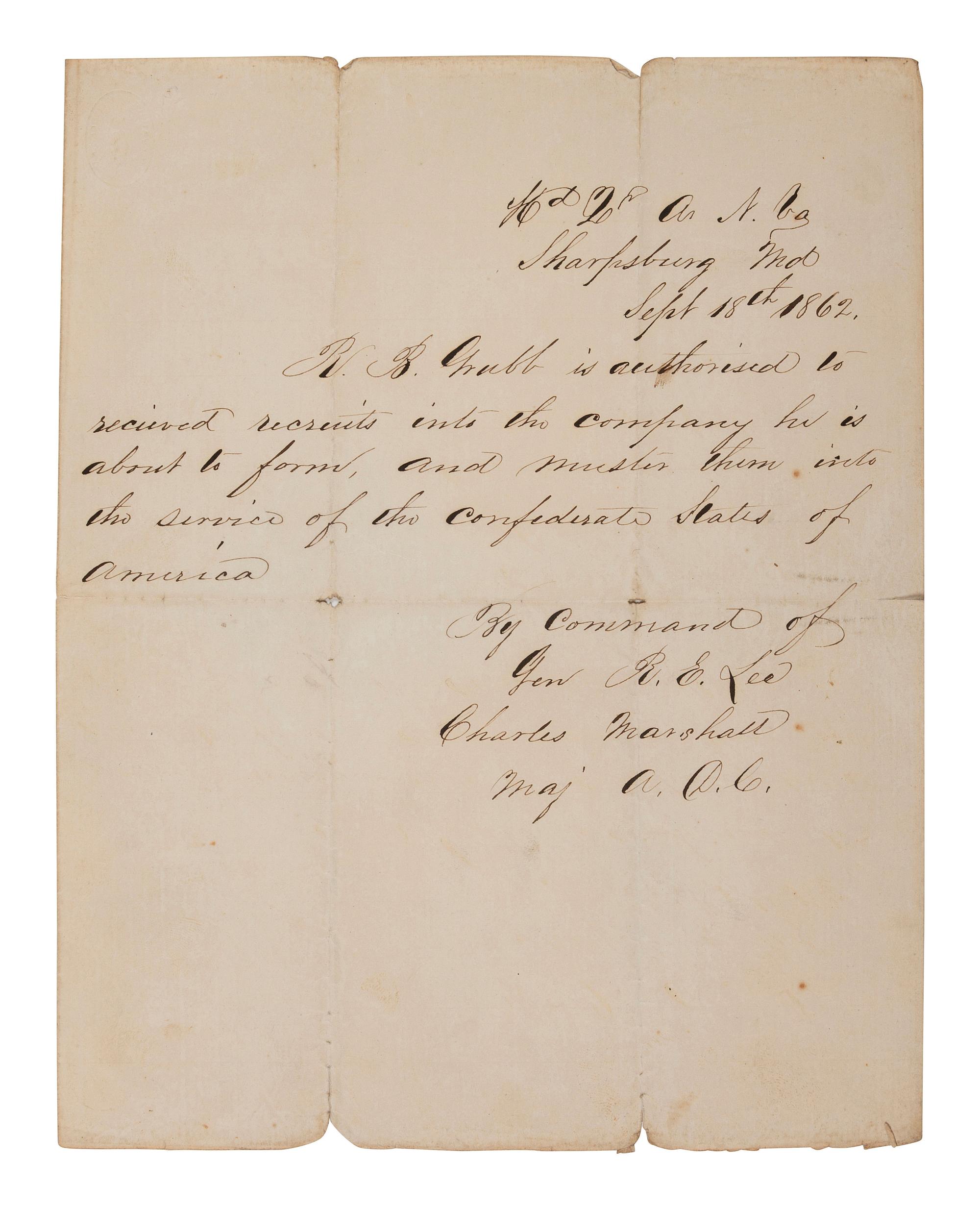 [CIVIL WAR]. Order written by Lt. Col. Charles Marshall for Robert E. Lee, from Antietam Battlefield