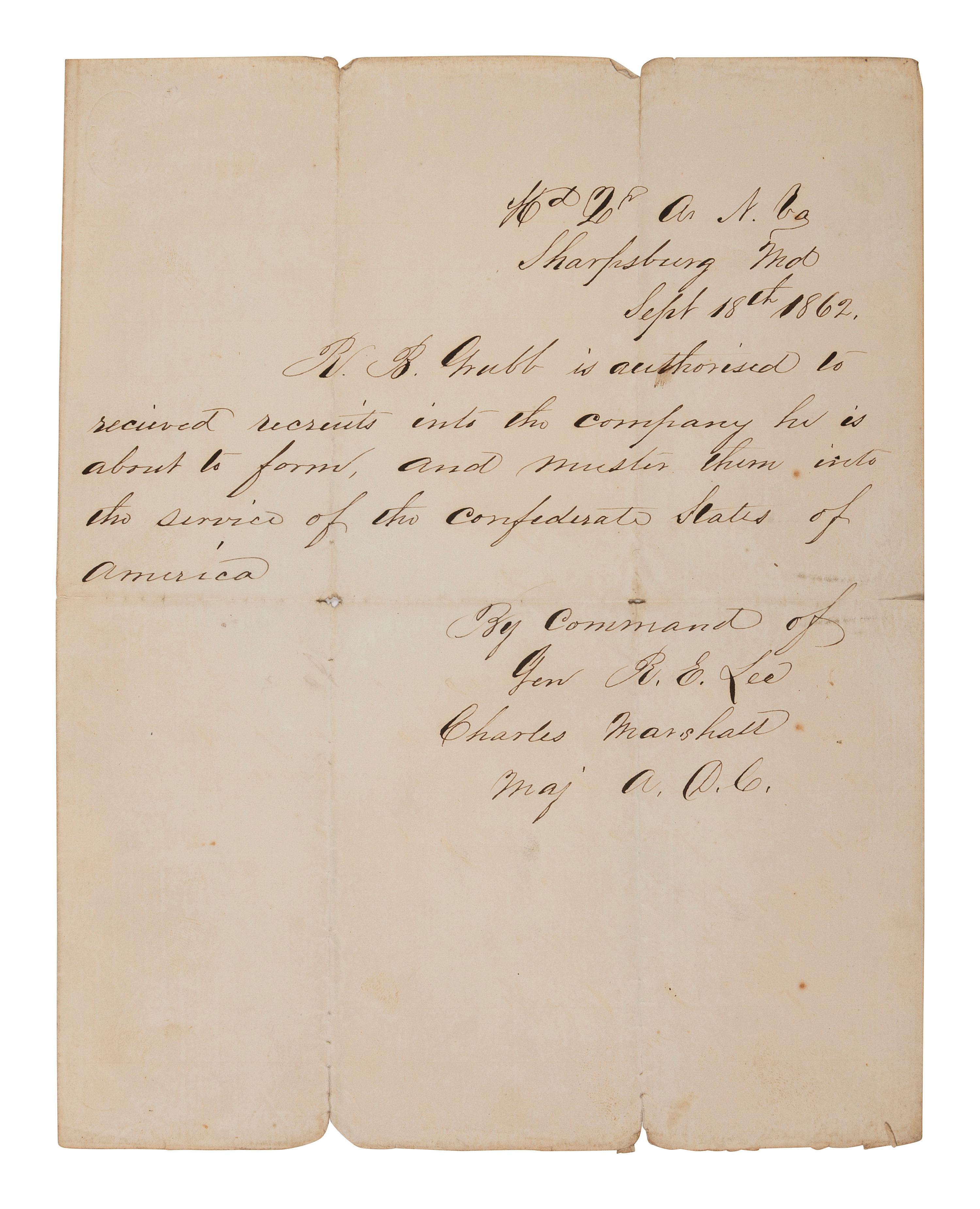 [CIVIL WAR]. Order written by Lt. Col. Charles Marshall for Robert E. Lee, from Antietam Battlefield