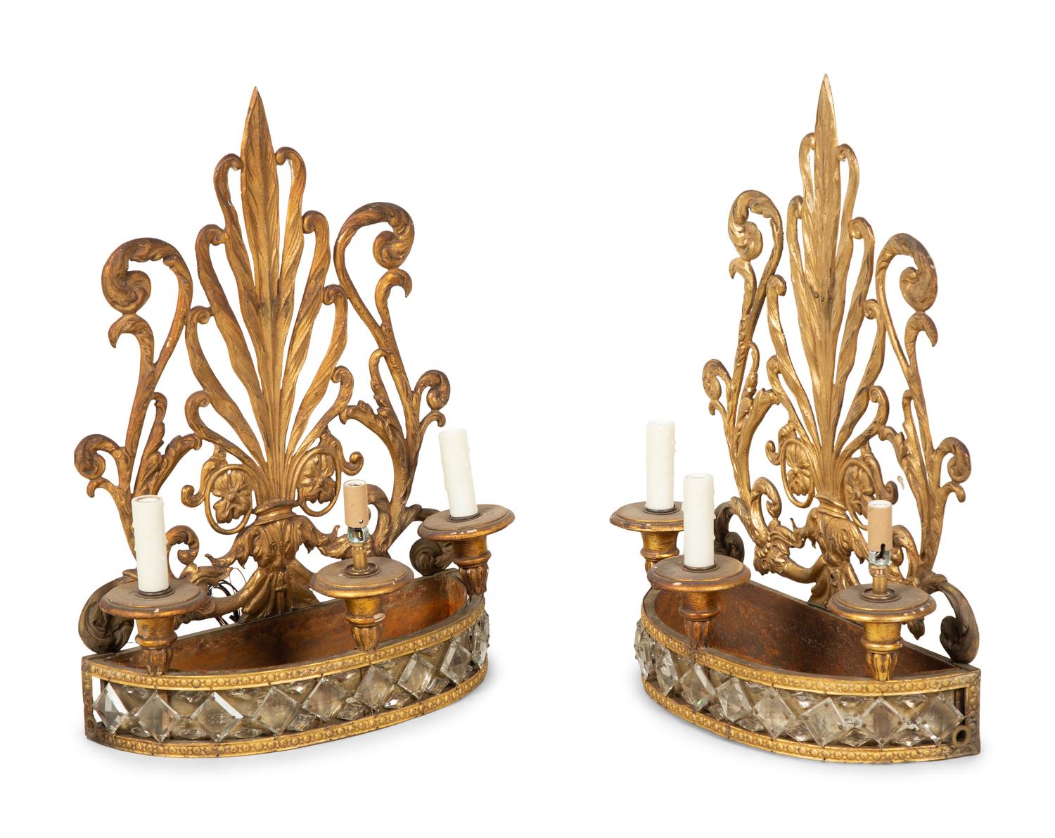 A Pair of Italian Gilt Metal and Glass Three-Light Sconces — Early 20th Century