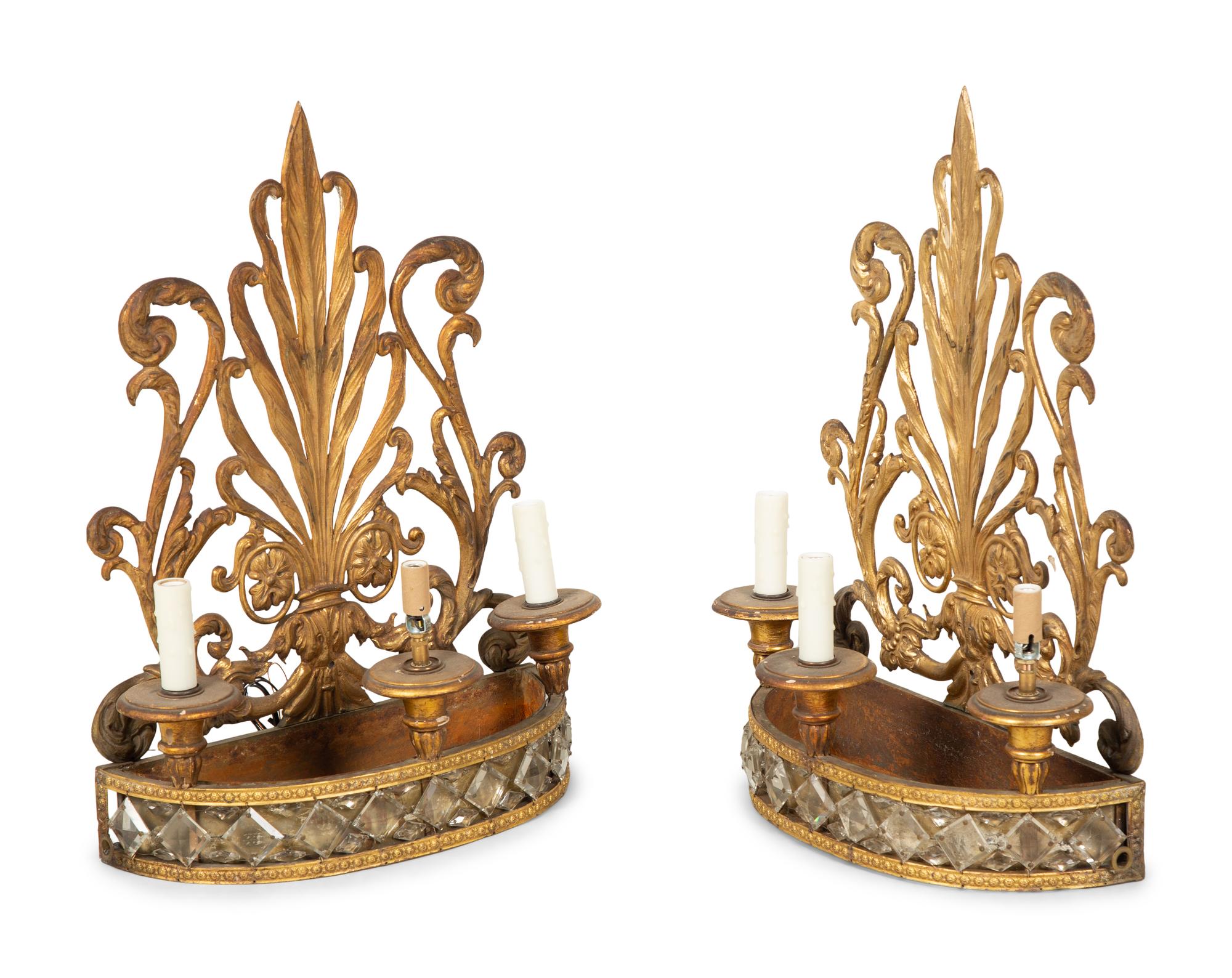 A Pair of Italian Gilt Metal and Glass Three-Light Sconces — Early 20th Century