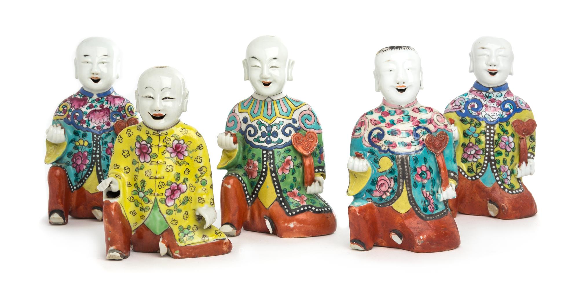 Five Famille Rose Porcelain Figures of Laughing Boys Height of highest 6 1/2 inches. — 19TH CENTURY