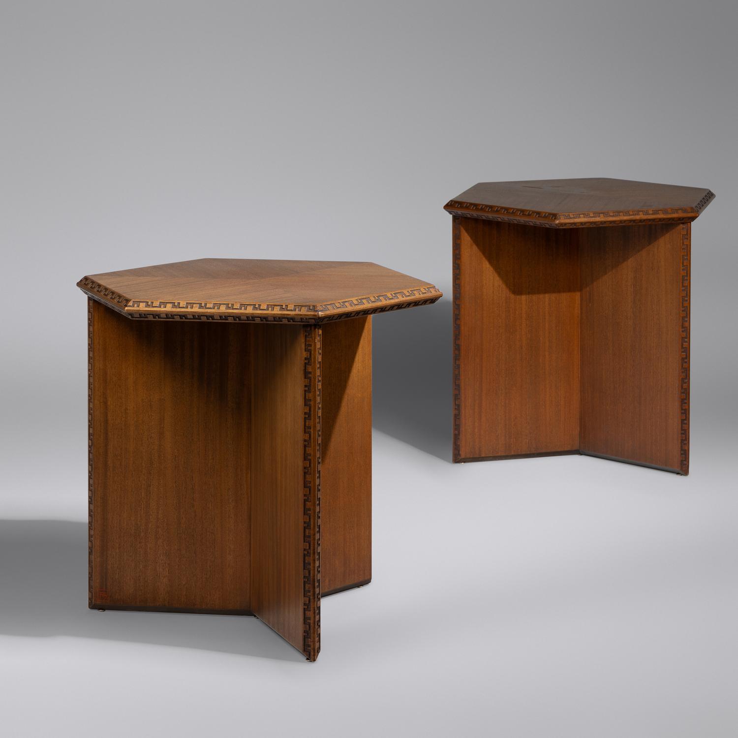 Taliesin end tables, pair, c. 1955 Heritage Henredon, USA