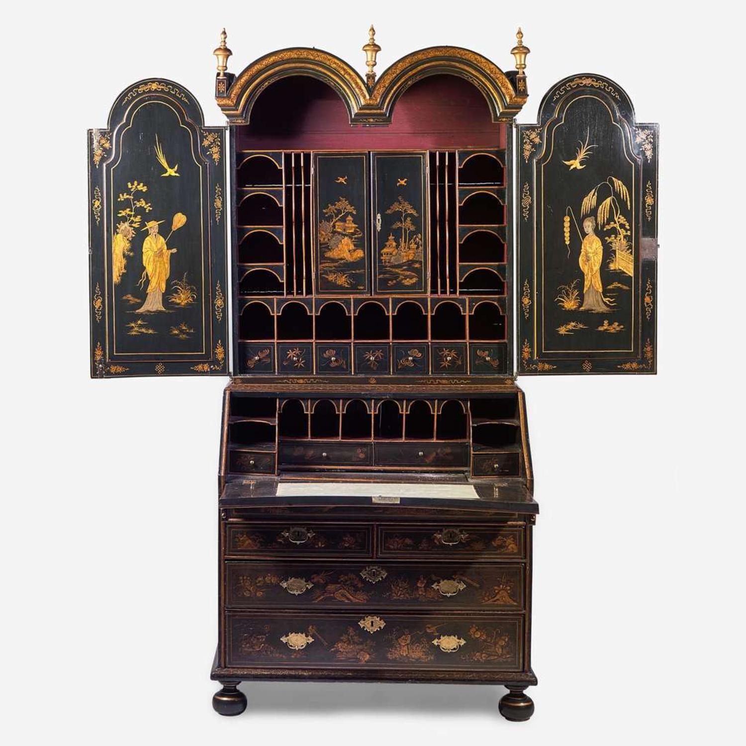 A Queen Anne gilt-decorated japanned double-dome bureau bookcase early 18th century