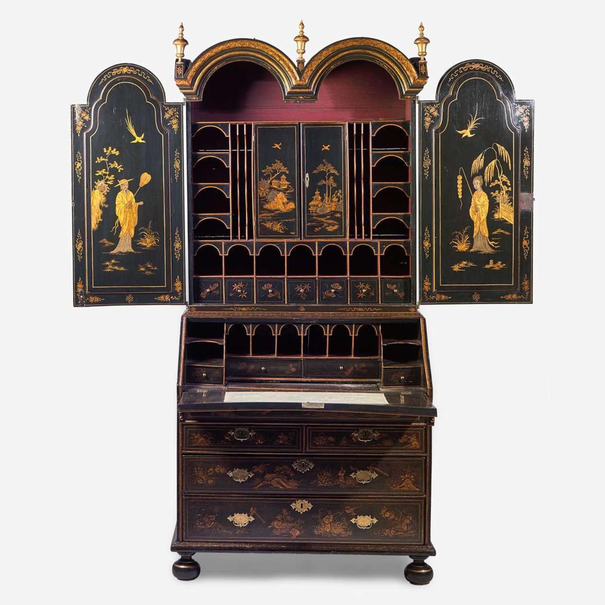 A Queen Anne gilt-decorated japanned double-dome bureau bookcase early 18th century