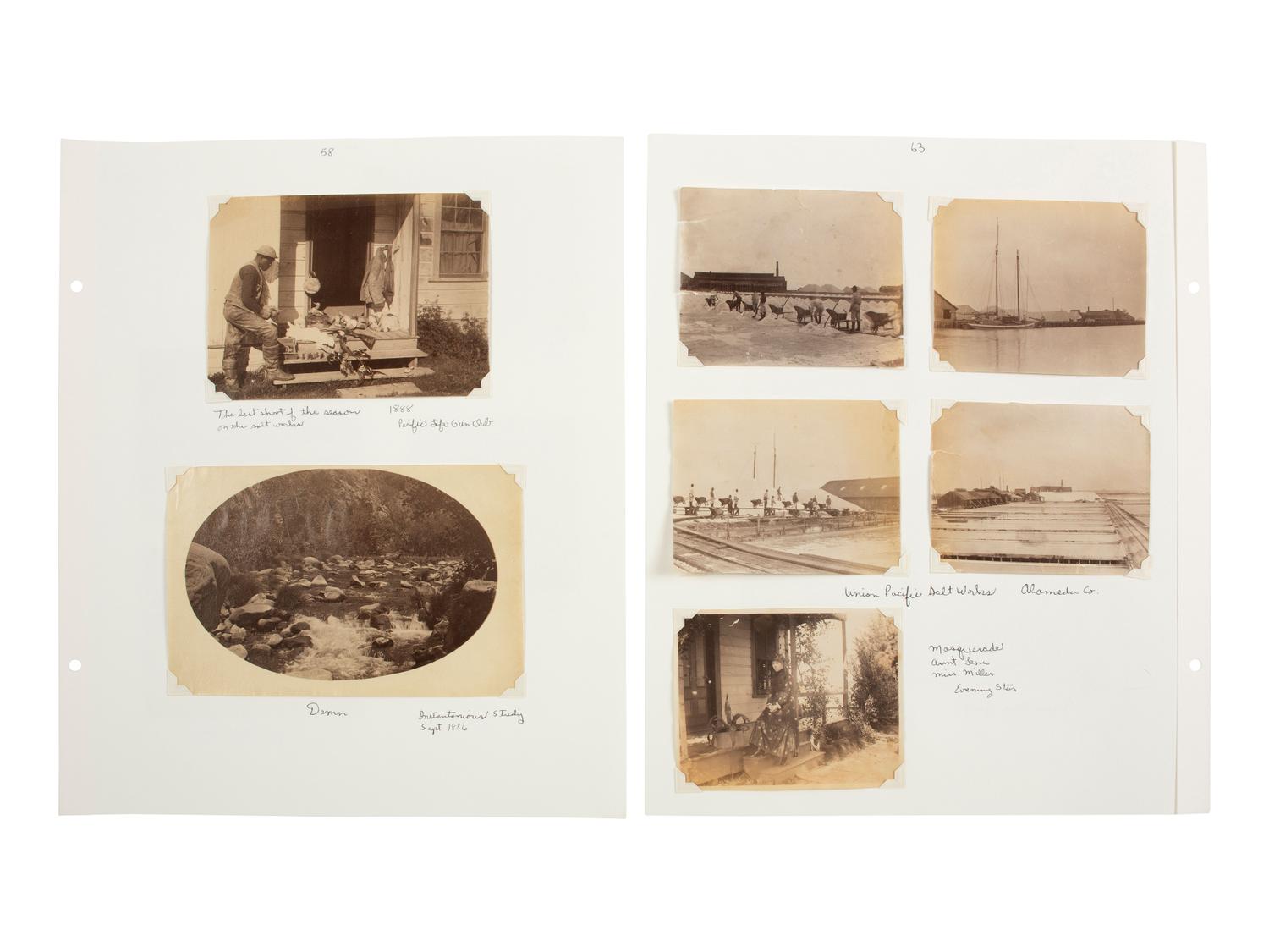 [EARLY PHOTOGRAPHY - WESTERN AMERICANA]. Album compiled by the Plummer family of San Francisco, featuring photographs of the Turk Island Salt Works, occupational scenes, and family events. Ca 1880s-1890s.