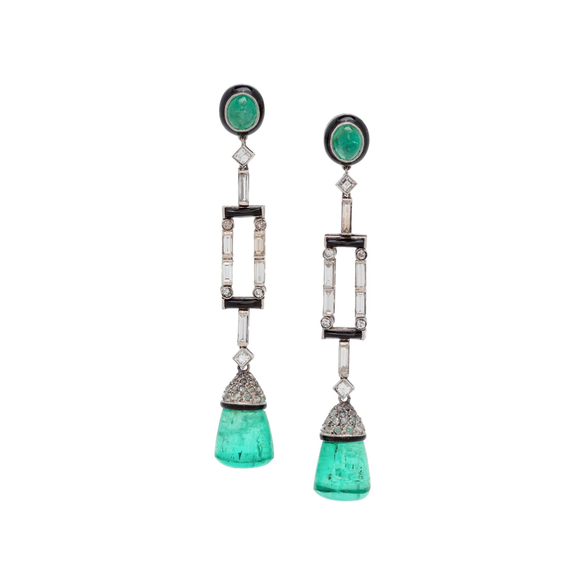 ART DECO, DIAMOND, EMERALD, ONYX AND ENAMEL EARRINGS
