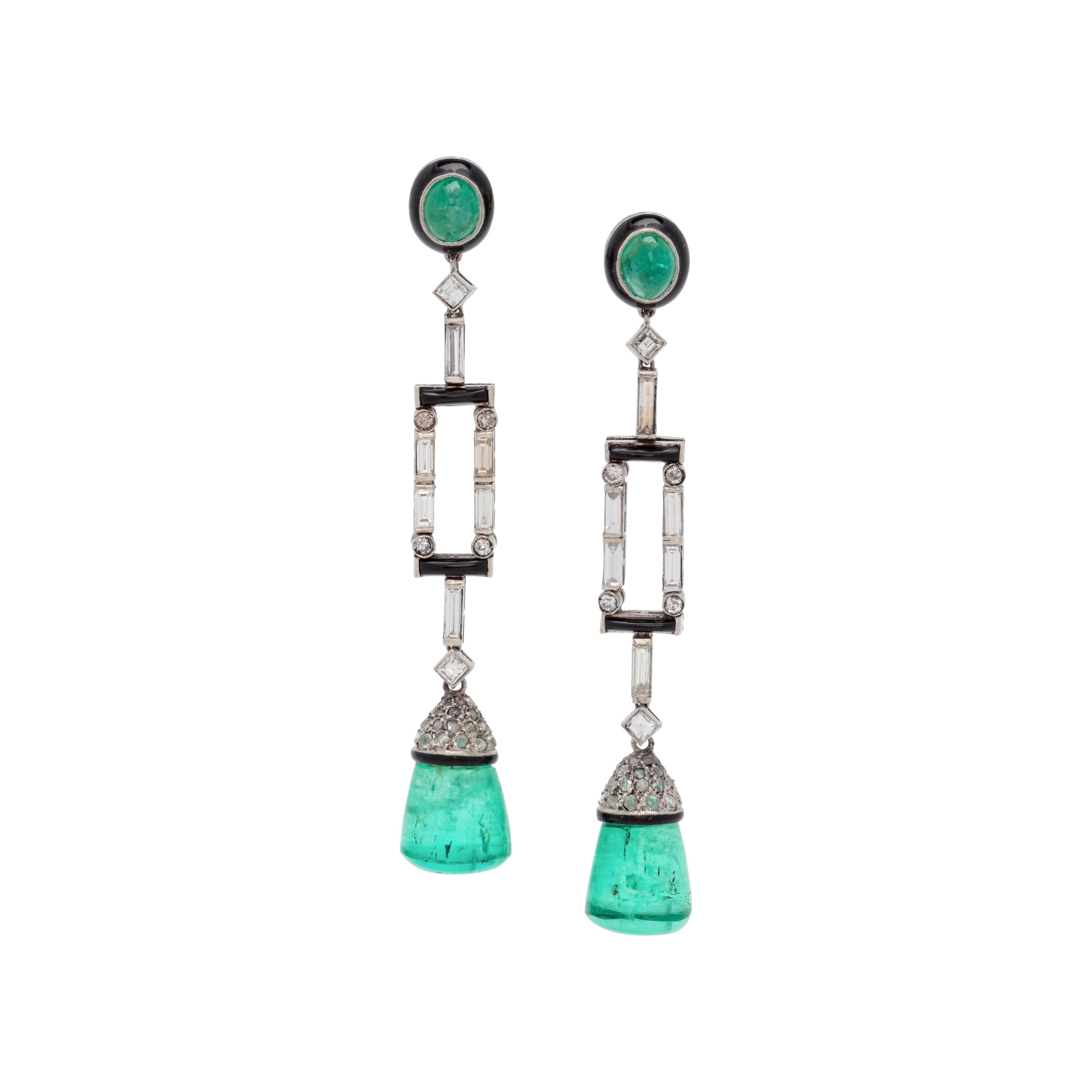 ART DECO, DIAMOND, EMERALD, ONYX AND ENAMEL EARRINGS