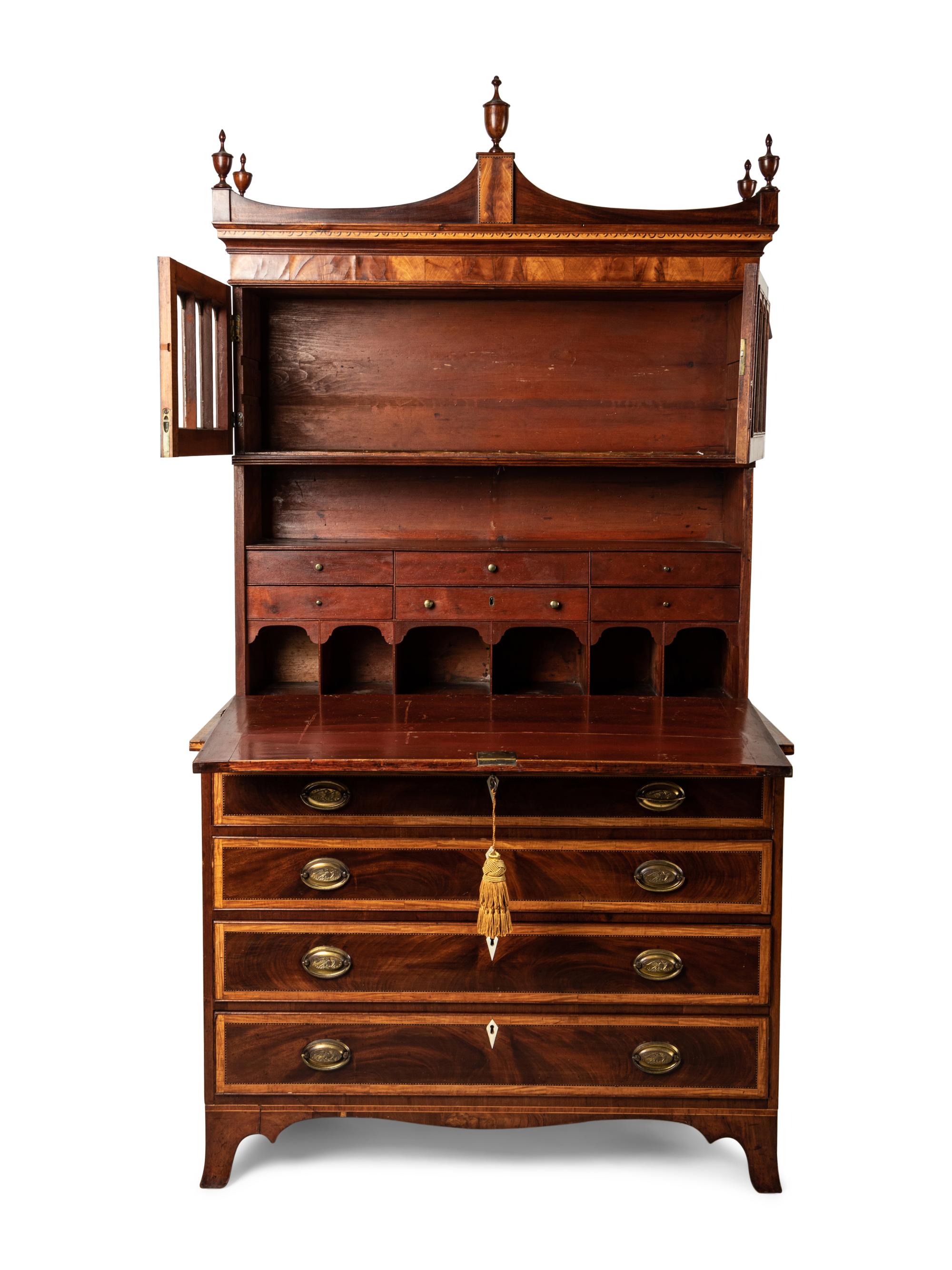 A Federal Mahogany and Satinwood-Inlaid Marquetry Fall Front Secretary Desk