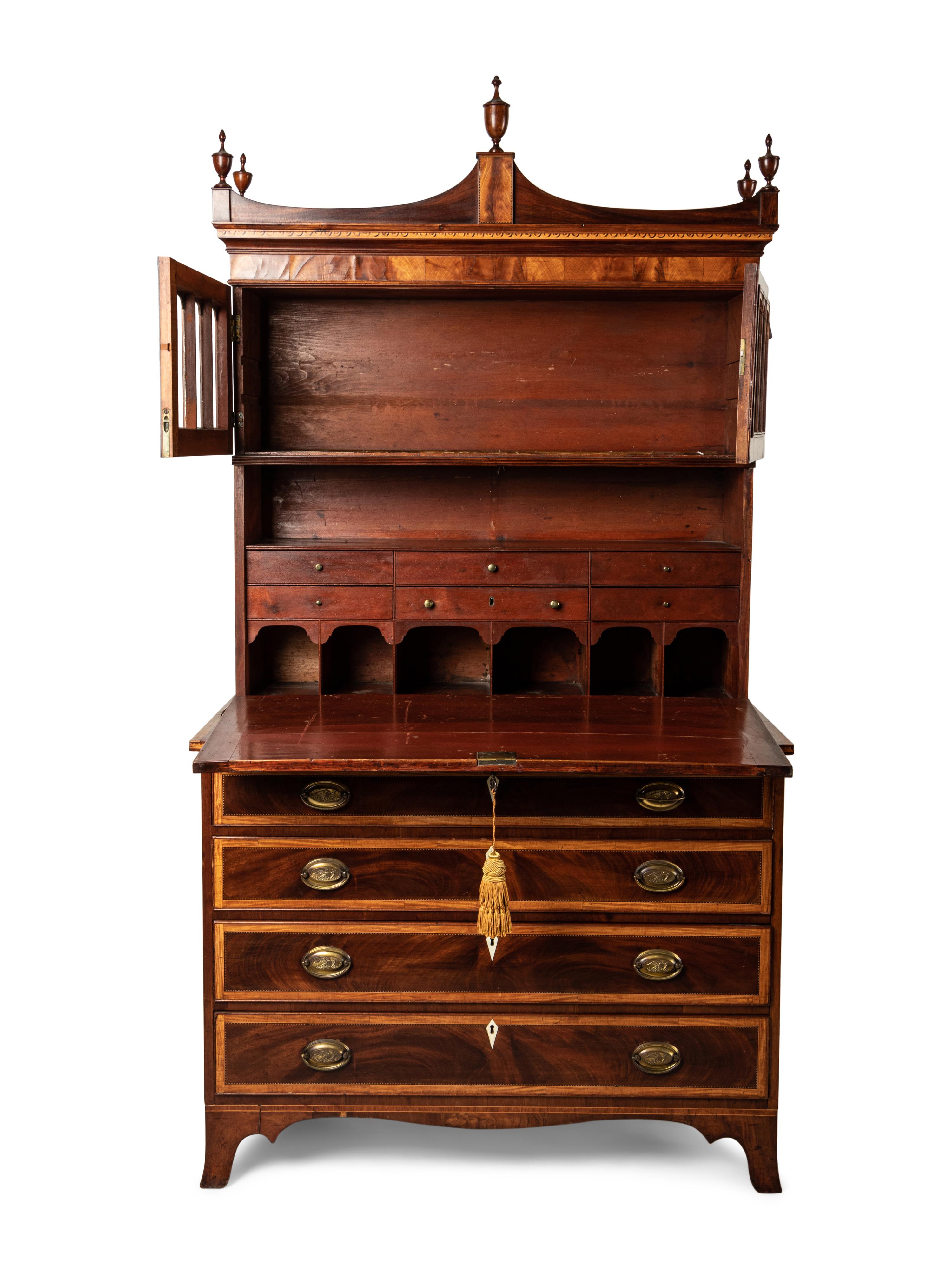 A Federal Mahogany and Satinwood-Inlaid Marquetry Fall Front Secretary Desk