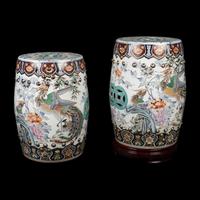 A Pair of Chinese Famille Rose Porcelain Garden Stools, 20th Century — 近代 粉彩花鳥瓷鼓凳一對