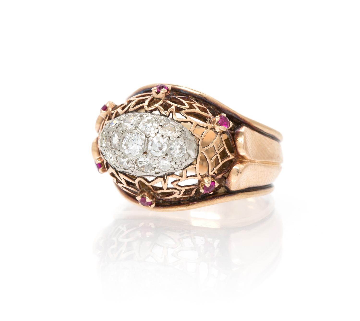 A Retro Rose Gold, Platinum, Ruby and Diamond Ring, 5.80 dwts.