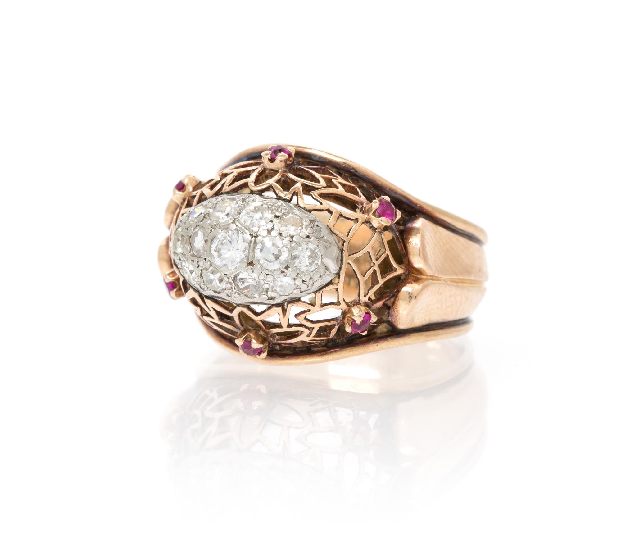 A Retro Rose Gold, Platinum, Ruby and Diamond Ring, 5.80 dwts.