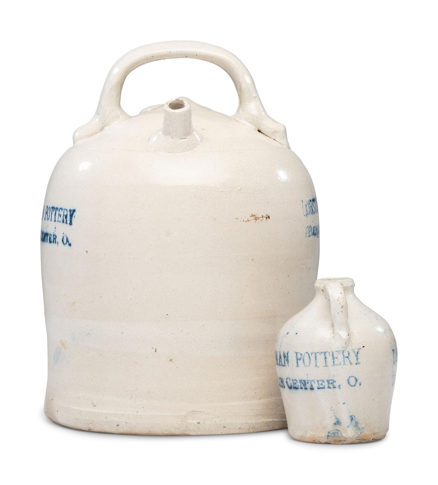 Two Dustman Pottery Stenciled Harvest or Field Jugs