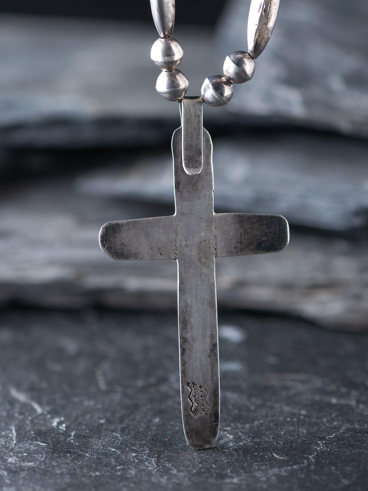 Navajo Stamped Silver and Turquoise Cross
