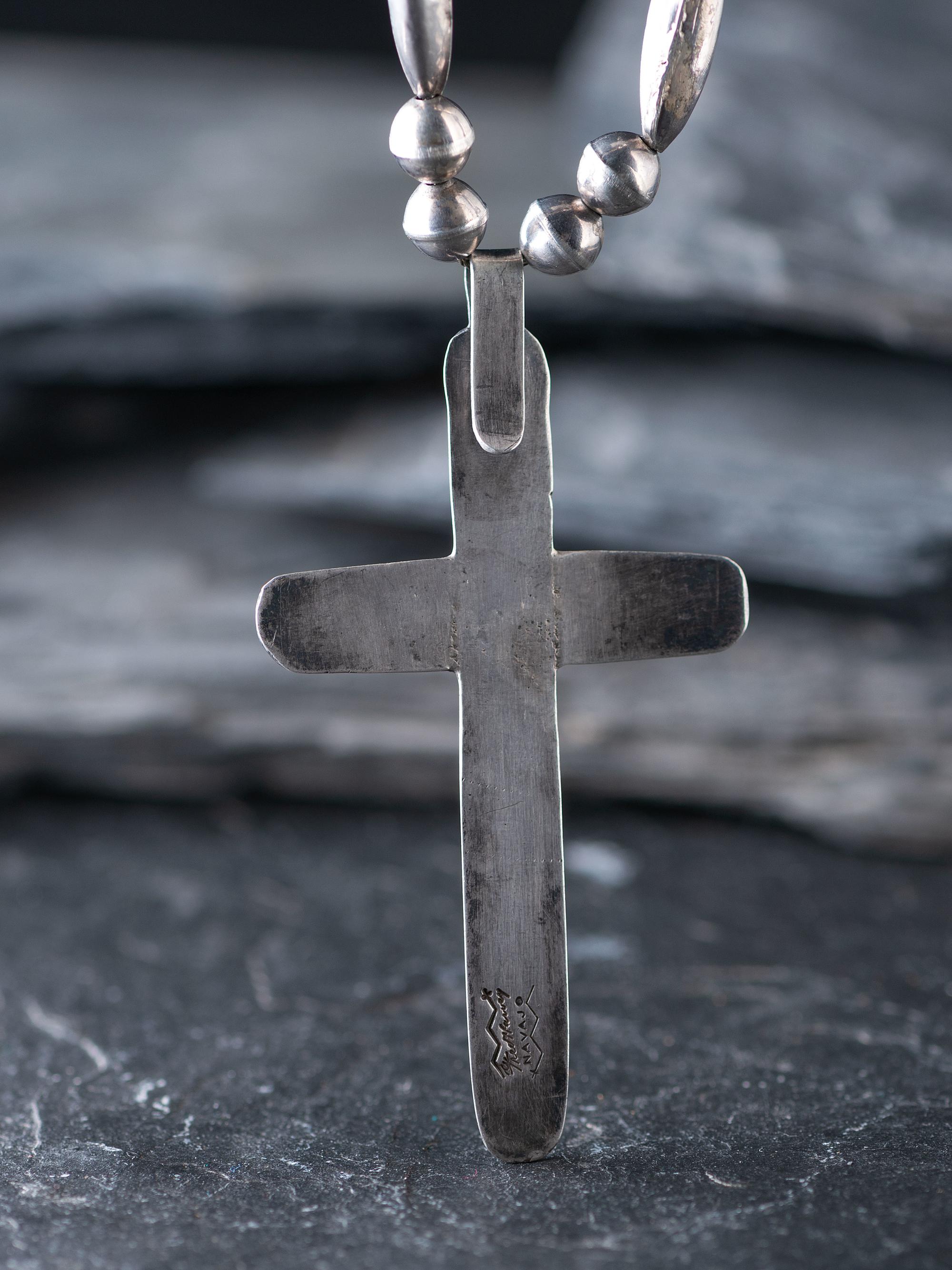 Navajo Stamped Silver and Turquoise Cross