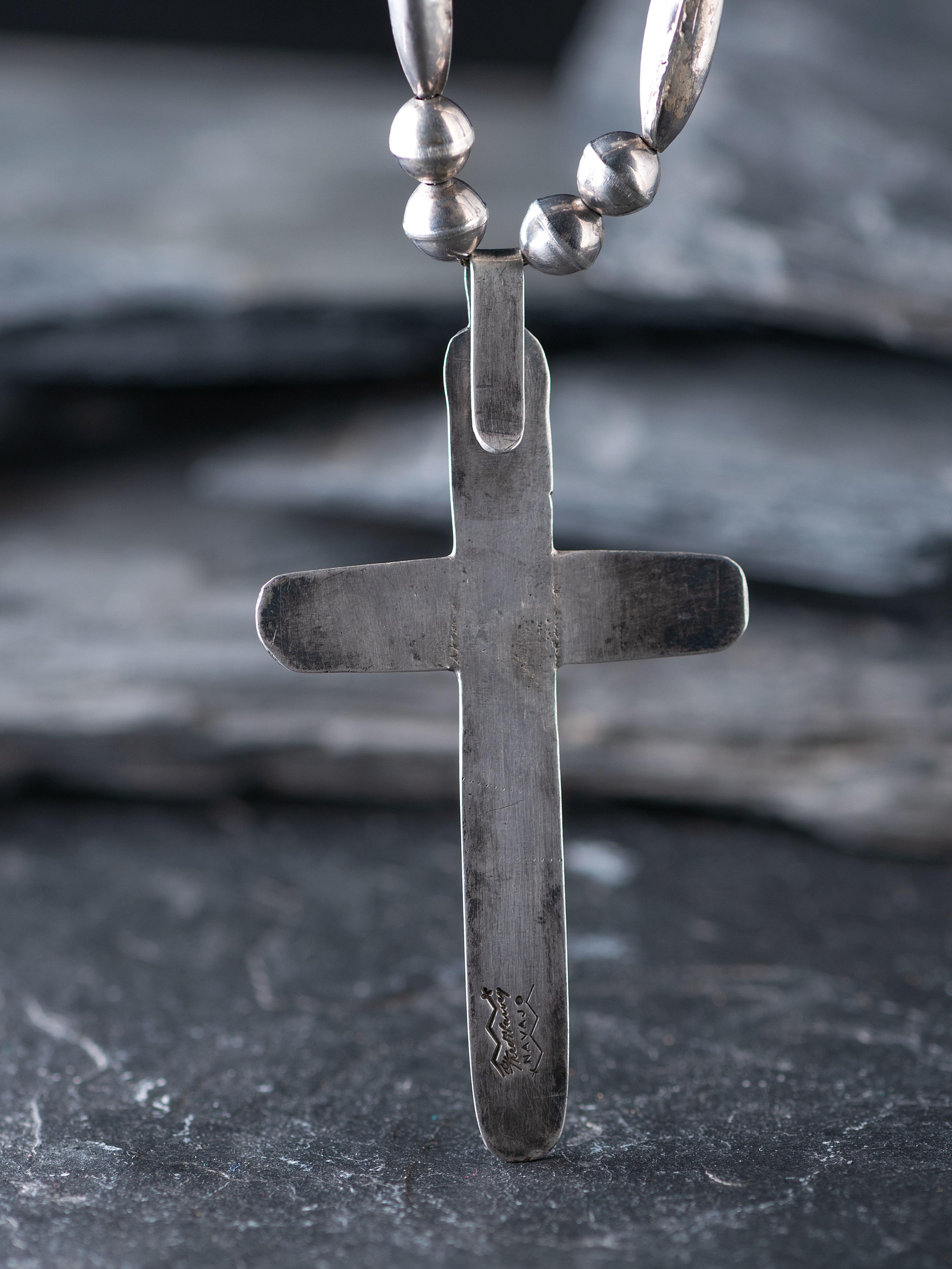 Navajo Stamped Silver and Turquoise Cross