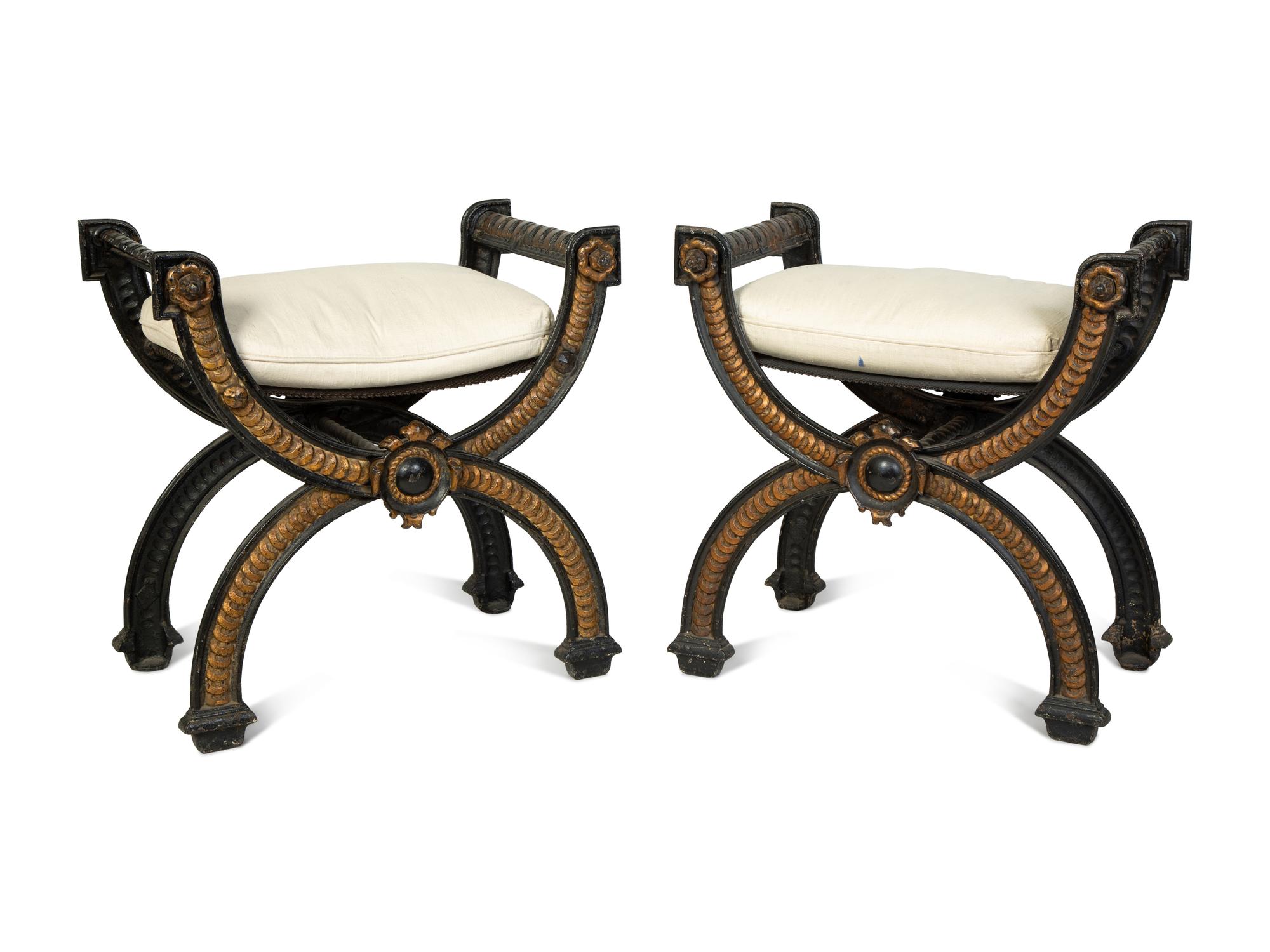 A Pair of Continental Cast Iron and Parcel Gilt Curule-form Tabourets — 19TH/20TH CENTURY