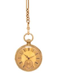 18K YELLOW GOLD OPEN FACE POCKET WATCH AND FOB CHAIN
