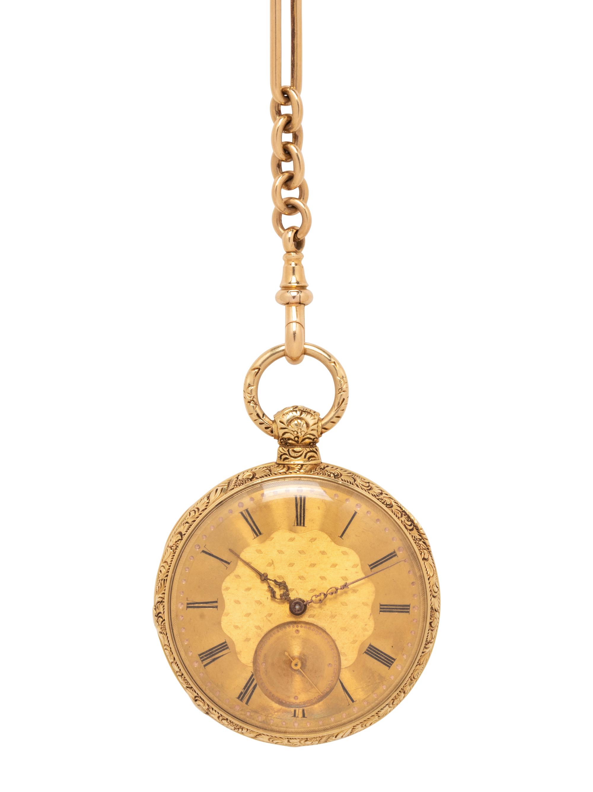 18K YELLOW GOLD OPEN FACE POCKET WATCH AND FOB CHAIN