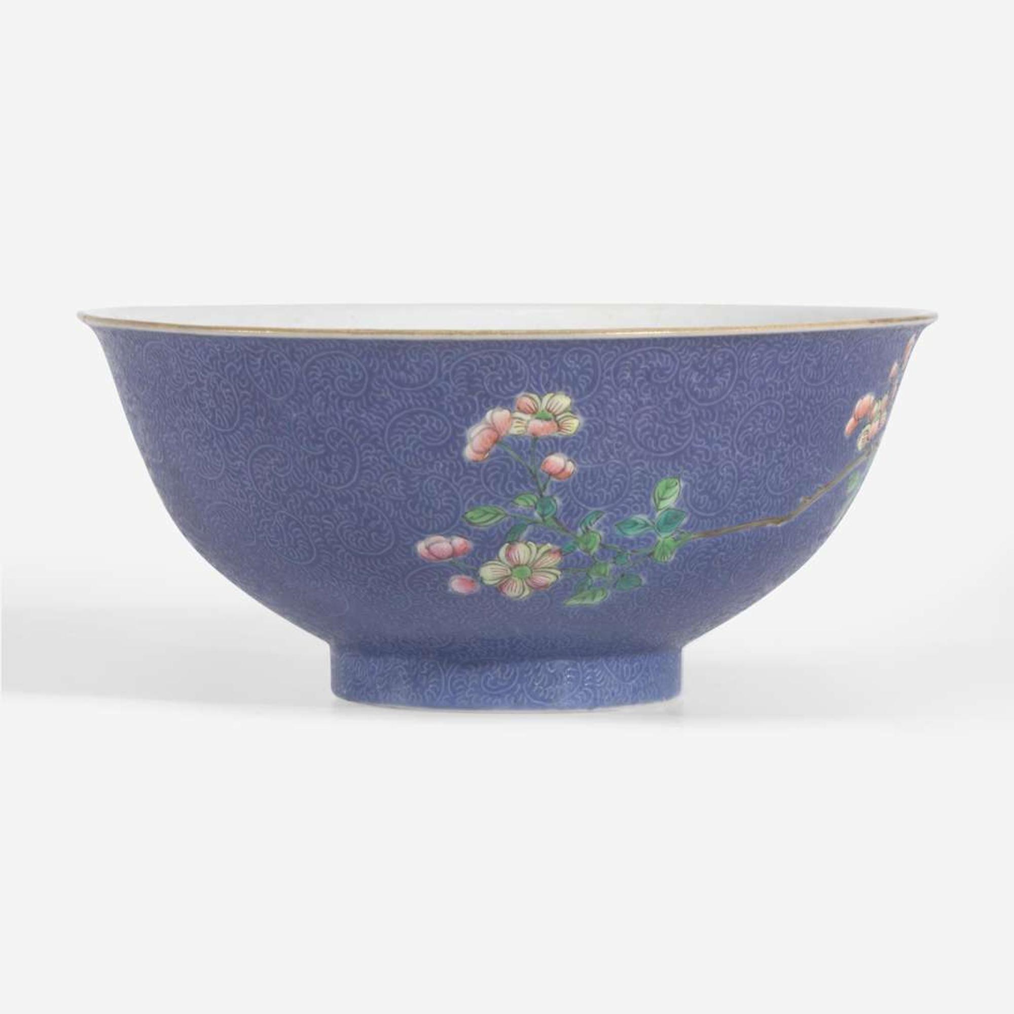 A Chinese blue sgraffito-ground famille rose "Peony” bowl 粉彩牡丹碗 Qianlong six-character seal mark ?????