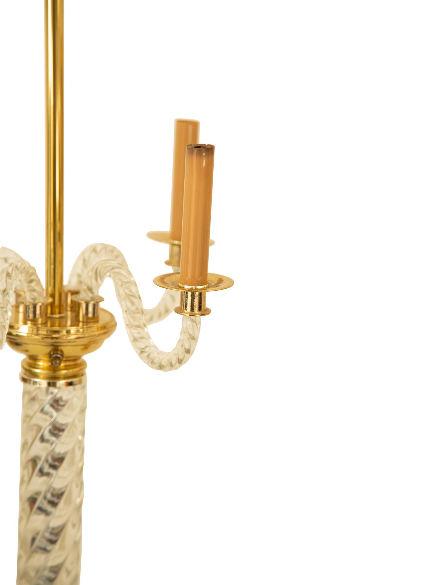 A Pair of Polished Brass and Pressed Glass Four-Light Table Lamps