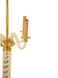 A Pair of Polished Brass and Pressed Glass Four-Light Table Lamps