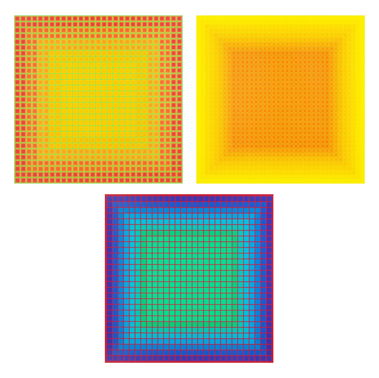 Julian Stanczak (American/Polish, 1928–2017) — A group of three screenprints ( Let it Be Orange; Yellow Filtration; Conferring Blue), 1981