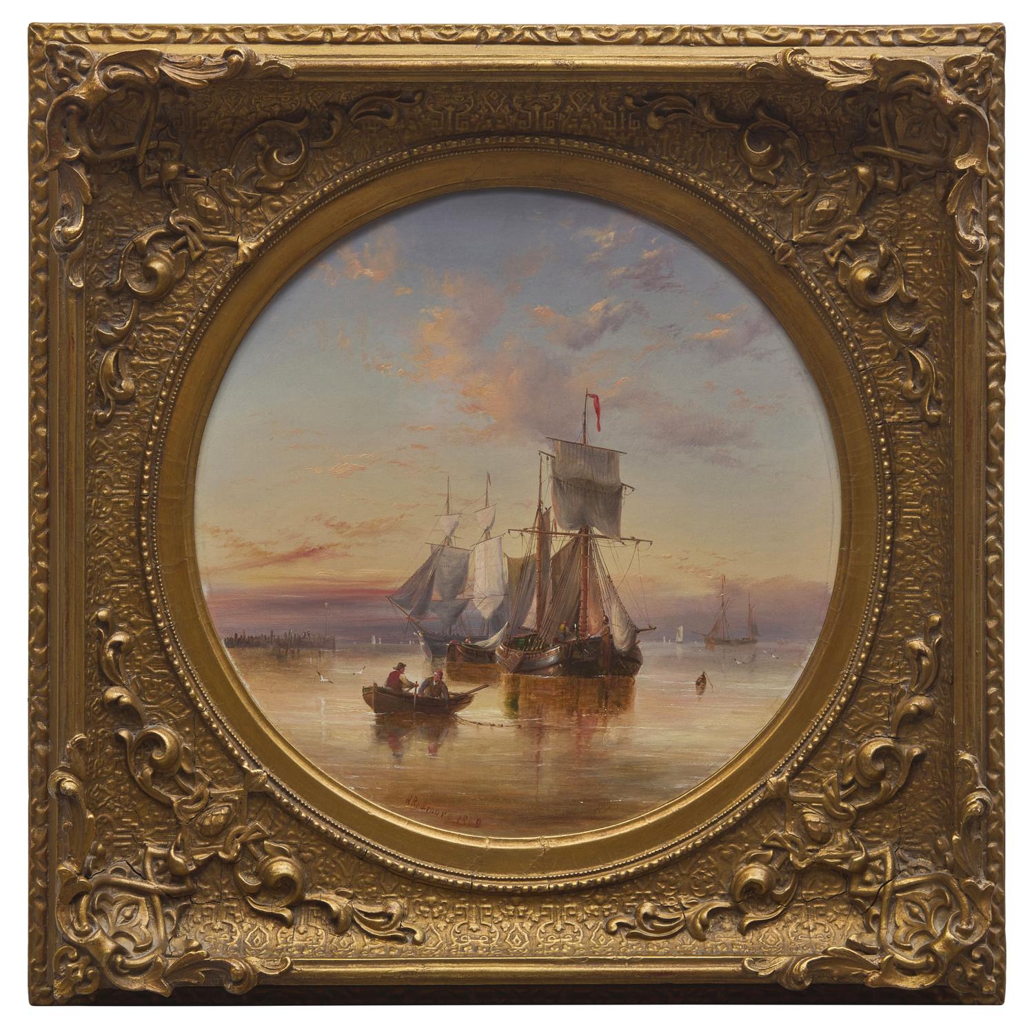 Barges and other shipping drying their sales in an estuary anchorage, 1860