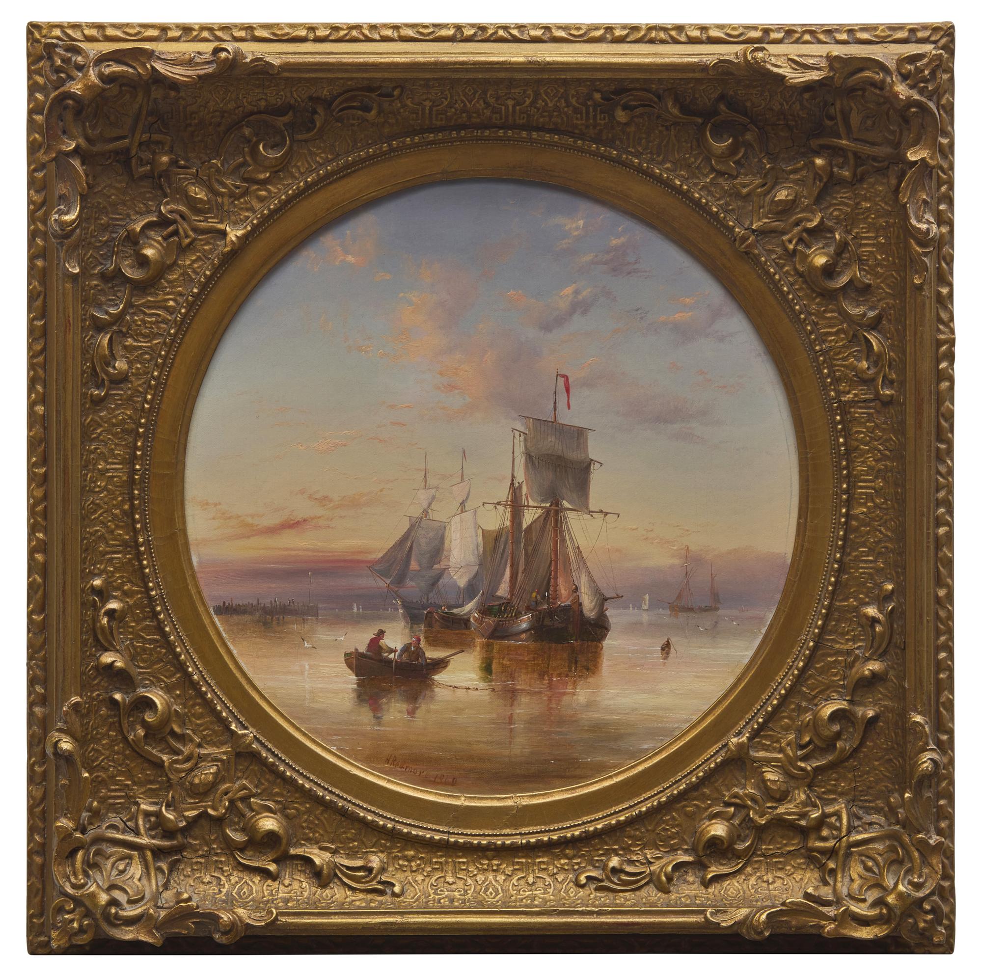 Barges and other shipping drying their sales in an estuary anchorage, 1860