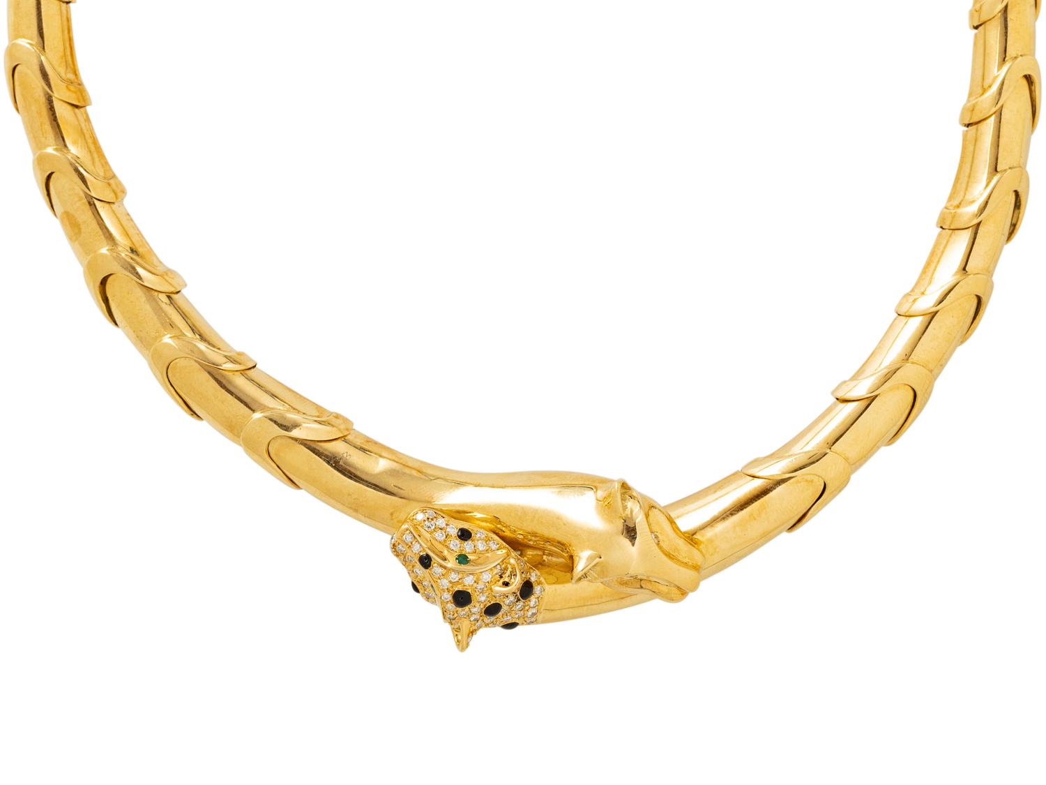 YELLOW GOLD, DIAMOND, EMERALD AND ENAMEL LEOPARD NECKLACE