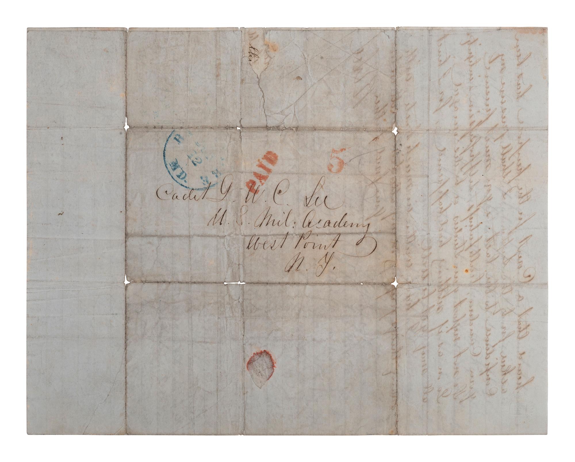 LEE, Robert E. (1807-1870). Autograph letter signed ("R. E. Lee") as commandant at West Point, to George Washington Custis Lee (1832-1913). Sollers Point, 19 June 1851.