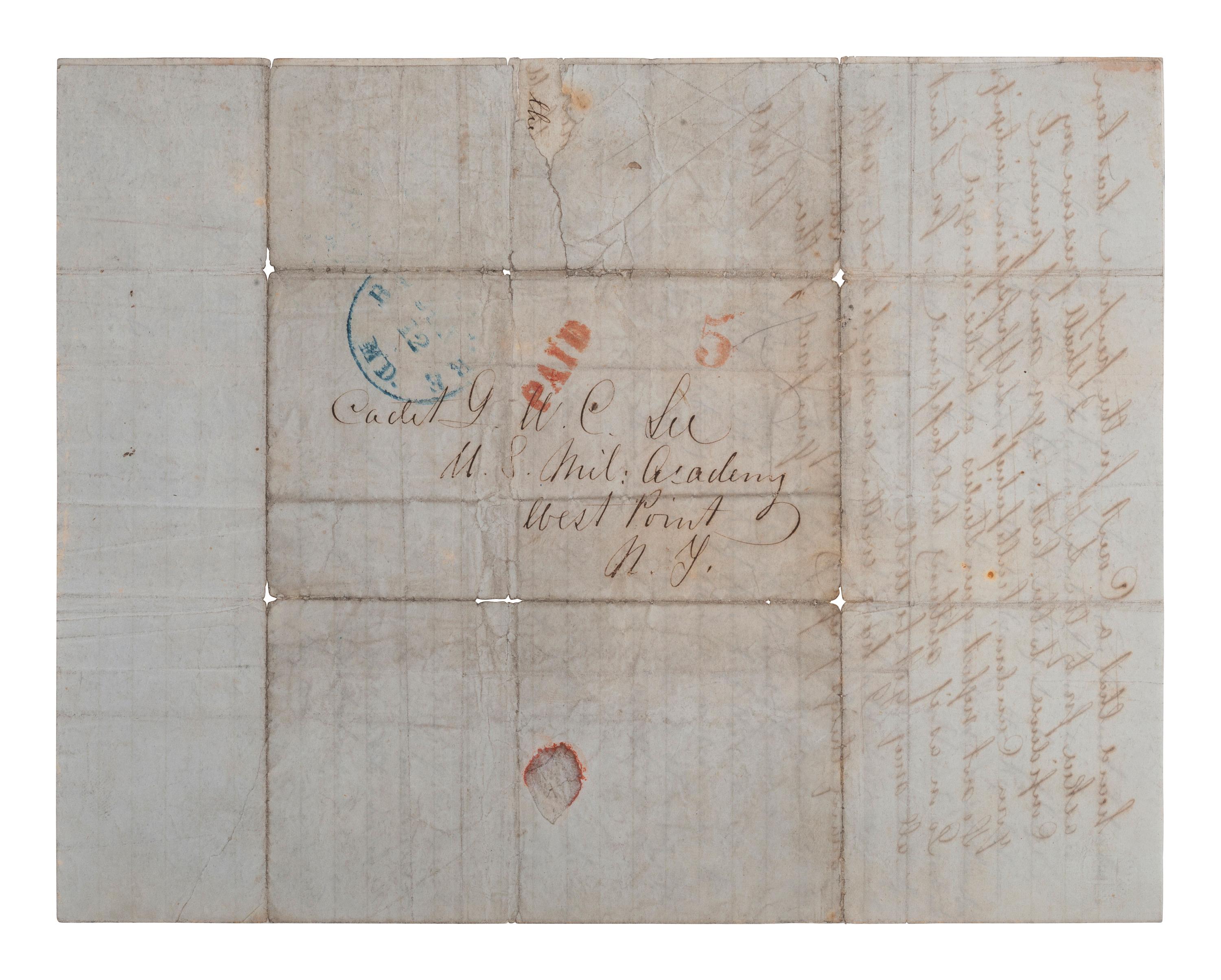 LEE, Robert E. (1807-1870). Autograph letter signed ("R. E. Lee") as commandant at West Point, to George Washington Custis Lee (1832-1913). Sollers Point, 19 June 1851.