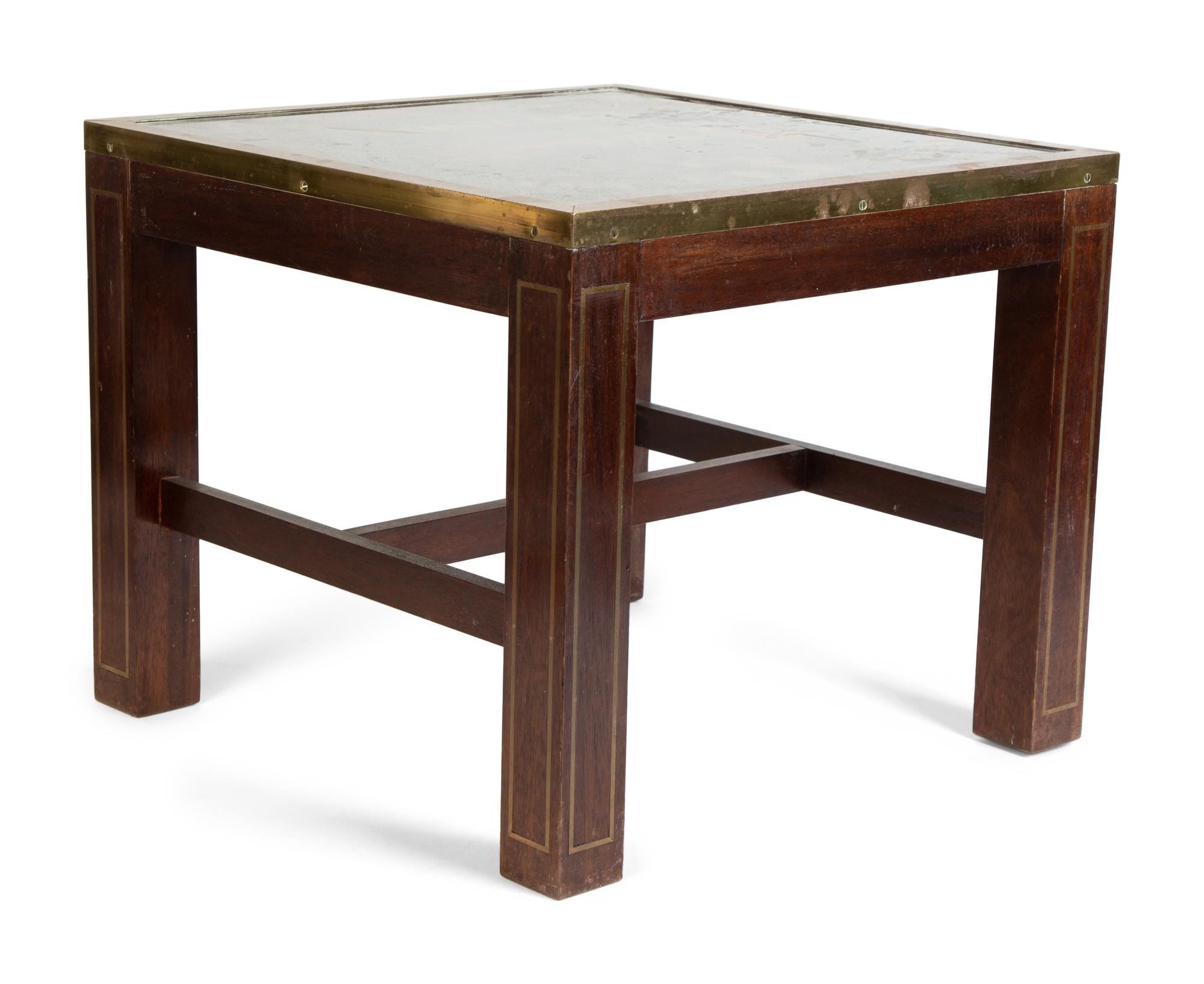 A Pair of American Reverse-Painted Glass Top and Brass Inlaid Side Tables — 20TH CENTURY