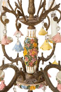 A Continental Gilt Metal and Porcelain Six-Light Chandelier — 20th Century
