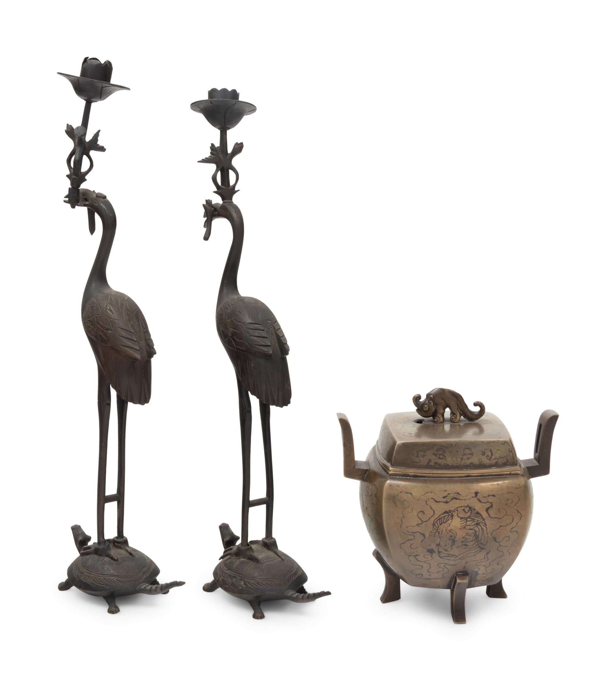 A Japanese Bronze Incense Burner and A Pair of Crane-Form Candle Holders