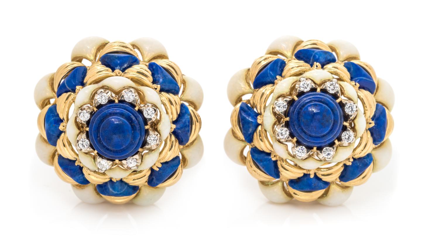 A Pair of 18 Karat Yellow Gold, Lapis Lazuli, Enamel and Diamond Domed Earclips, Italian, 26.50 dwts.
