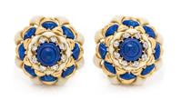 A Pair of 18 Karat Yellow Gold, Lapis Lazuli, Enamel and Diamond Domed Earclips, Italian, 26.50 dwts.