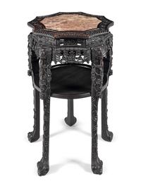 A Chinese Carved Hardwood Marble-Inset Side Table, 19th Century 清晚期 硬木嵌理石面花几