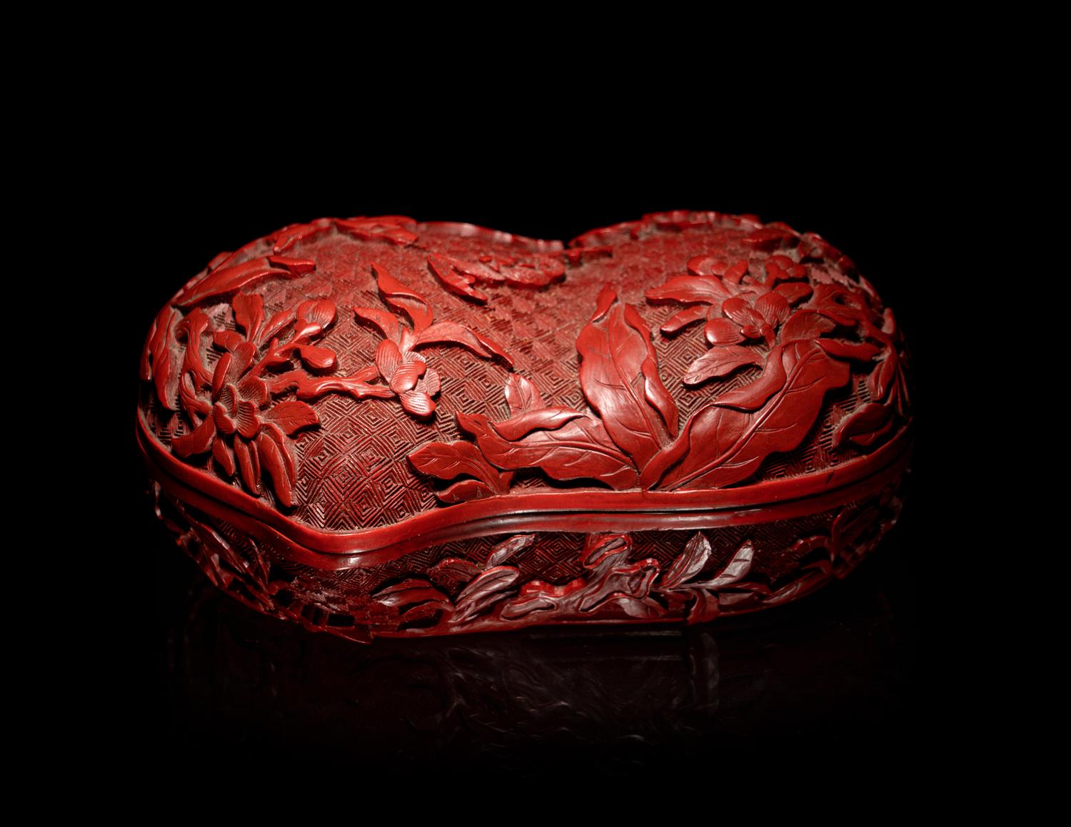 A Chinese Cinnabar Lacquer Double-Peach Form Box and Cover