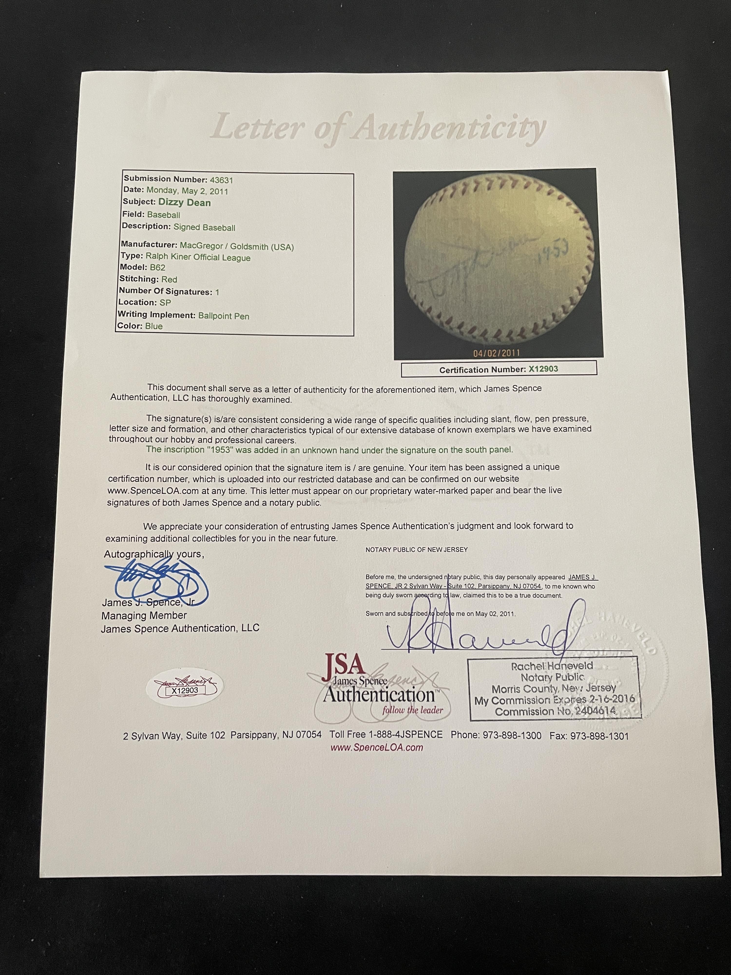 A Dizzy Dean Single Signed Autograph Baseball (JSA Letter)